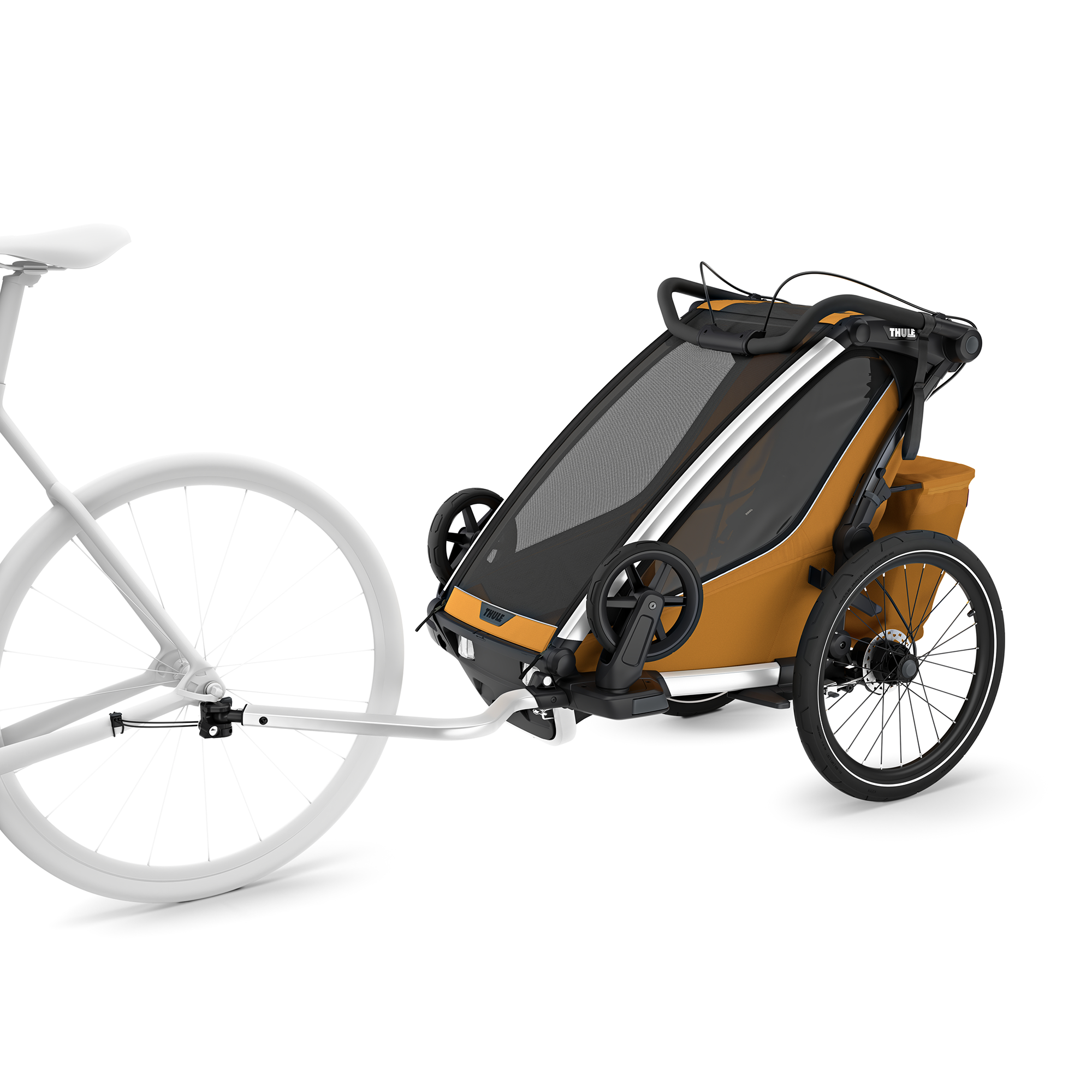 Fahrradanhänger, THULE, Gelb – Besonderheit: 4 Aktivitäten – Radfahren, Joggen, Spazieren, Skifahren (Jogging- und Skisets separat erhältlich)