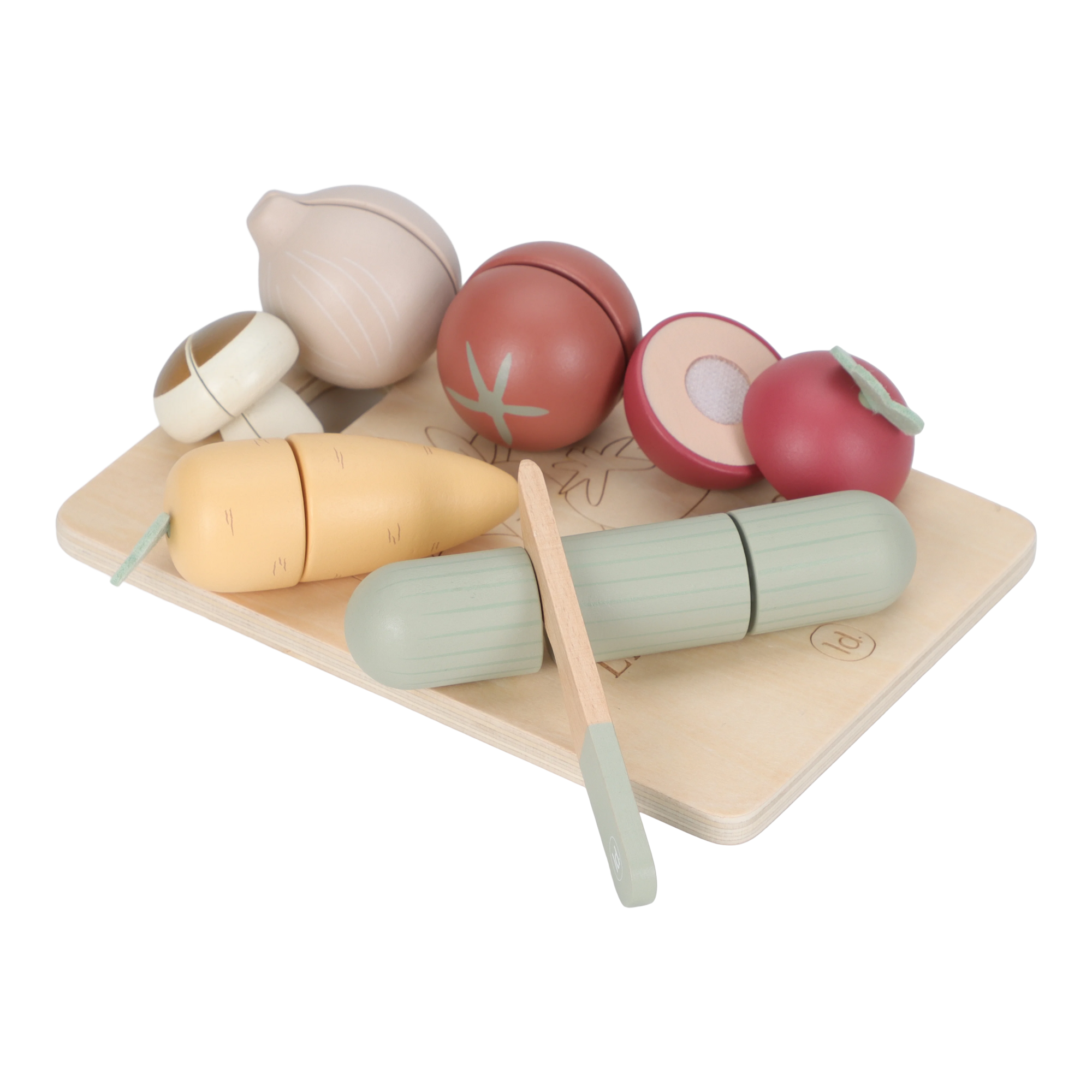Holzspielzeug, LITTLE DUTCH, Mehrfarbig – Besonderheit: Set aus Schneidebrett, Holzmesser, Karotte, Gurke, Tomate, Zwiebel, Rote Bete und Champignon