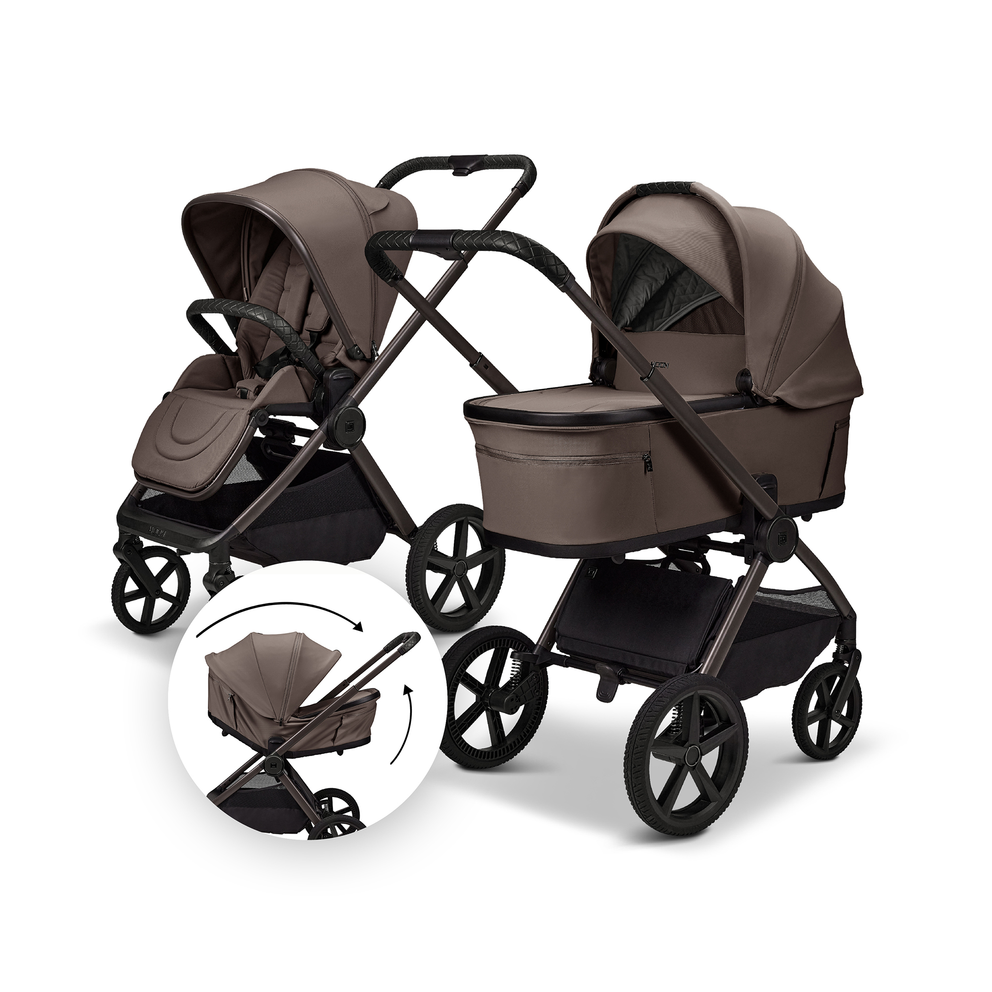 Kombi-Kinderwagen, MOON, Beige – Besonderheit: zusammenfaltbar mit Babywanne  oder Sportsitz auf dem Gestell
