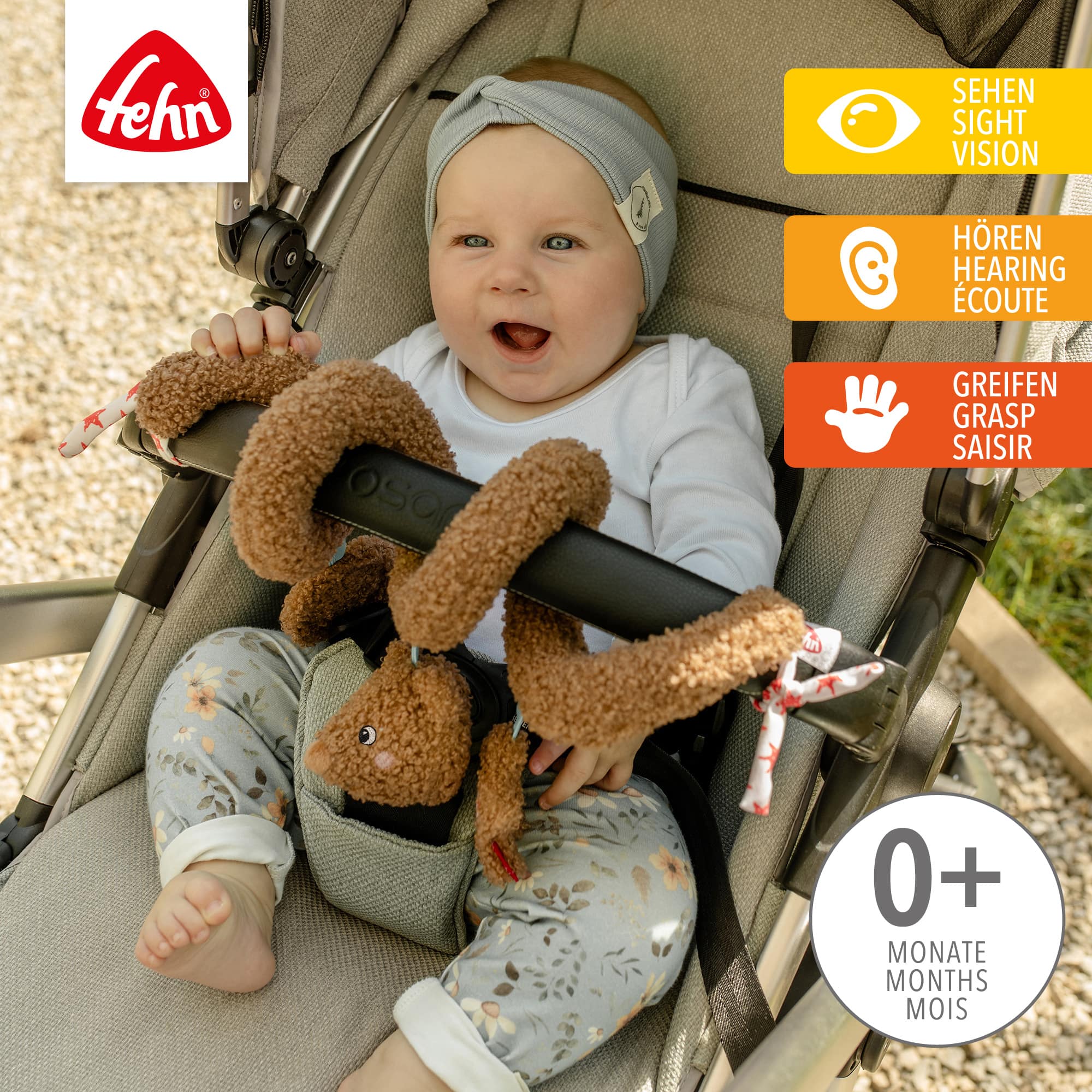 Kinderwagen Spielzeug, fehn, Braun – Besonderheit: mit Rassel, Raschelpapier und Spiegel