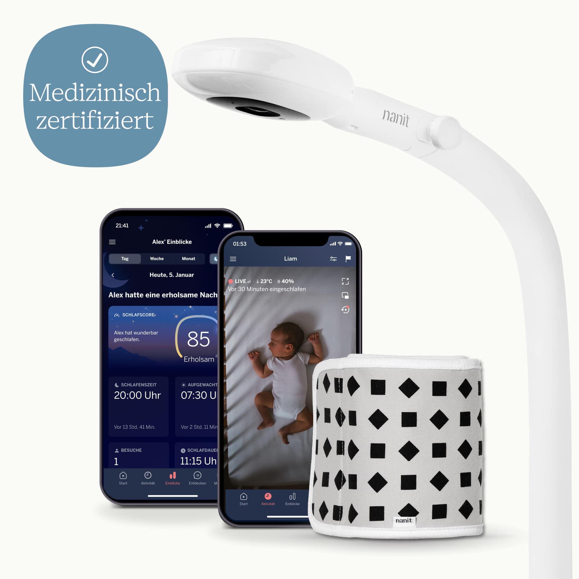 Babyphone, Nanit, Weiß – Besonderheit: Nanit Pro Kamera-Babyphone mit Bodenständer und passender App; sensorfreies Atemüberwachungsband aus Baumwolle (0–3 Monate)