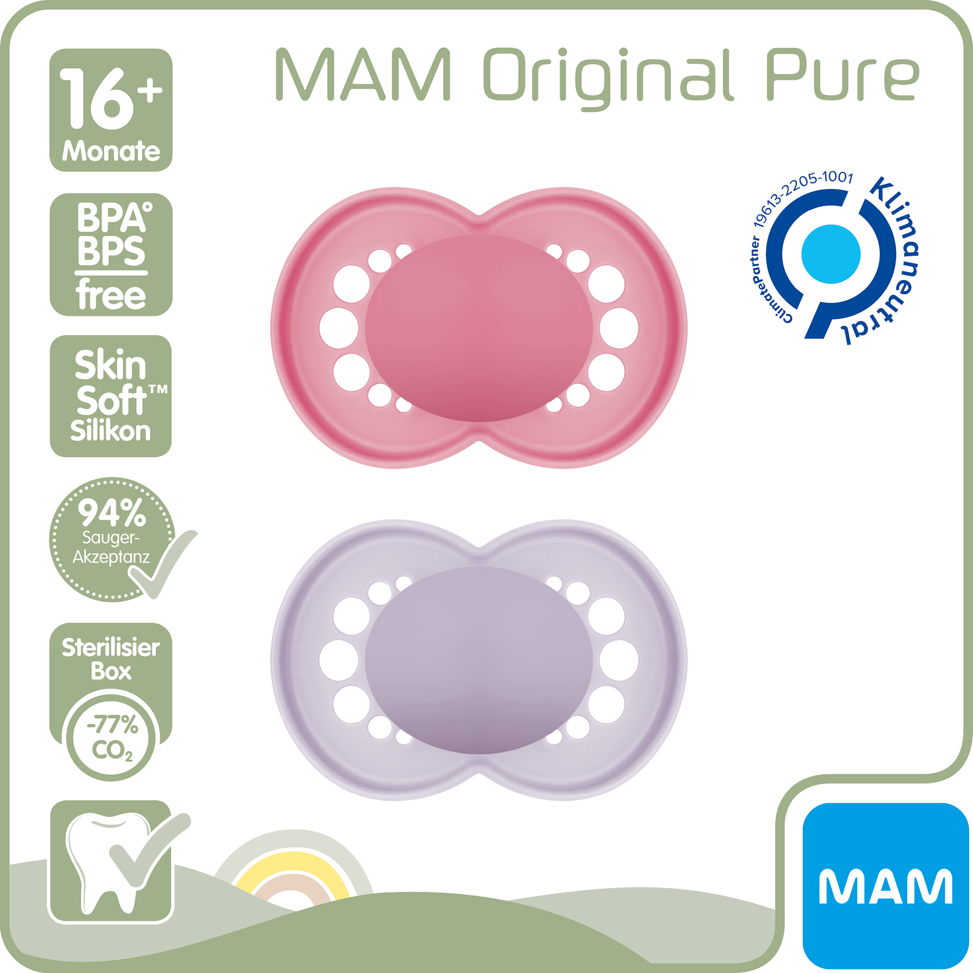 Beruhigungssauger Original matt plain Silikon ab 16 Monate 2 Stück pink/lila MAM Pink 2000583510604 2