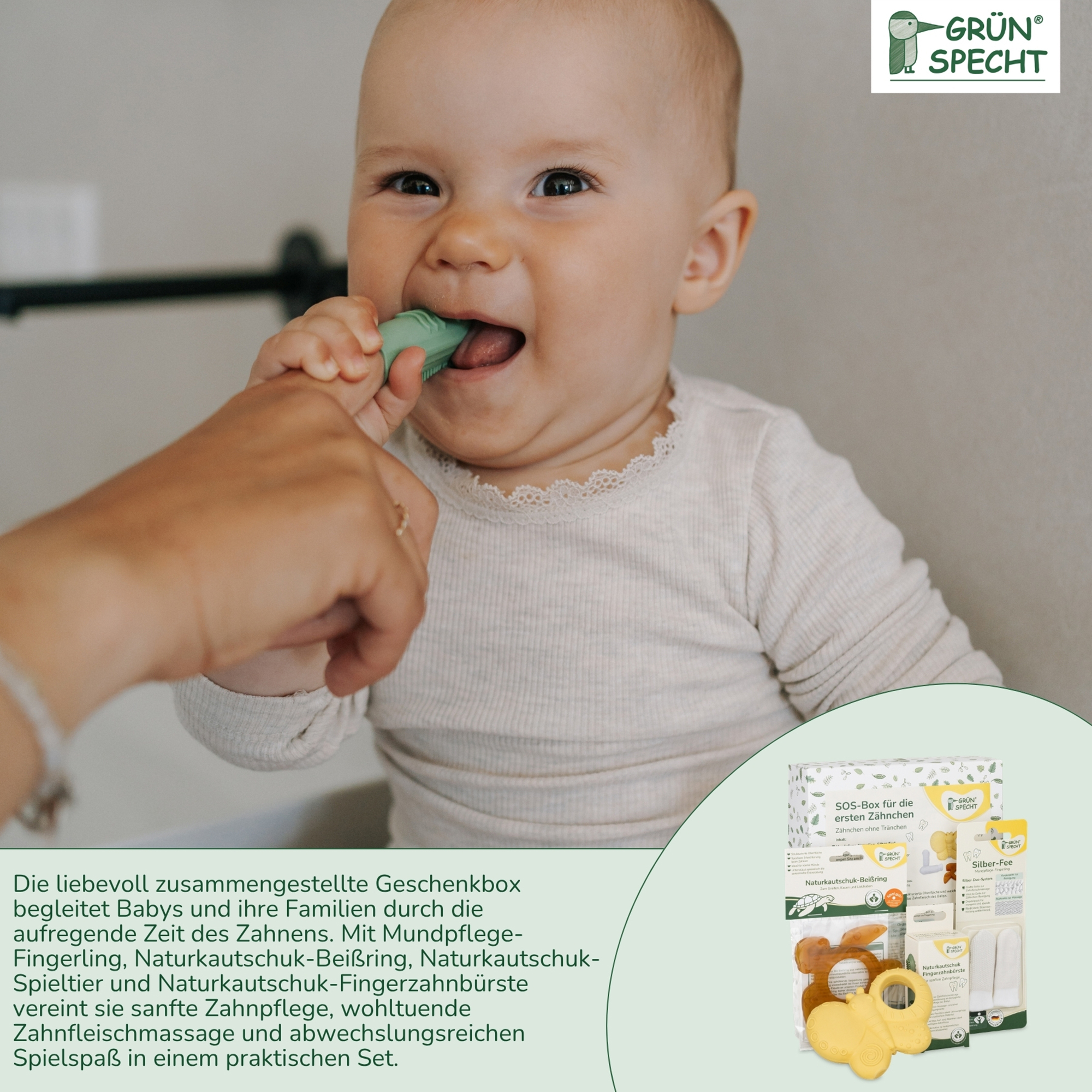 Beißringe, GRÜNSPECHT, Gelb – Besonderheit: Set aus Beißring, Spieltier, Fingerling, und Fingerzahnbürste