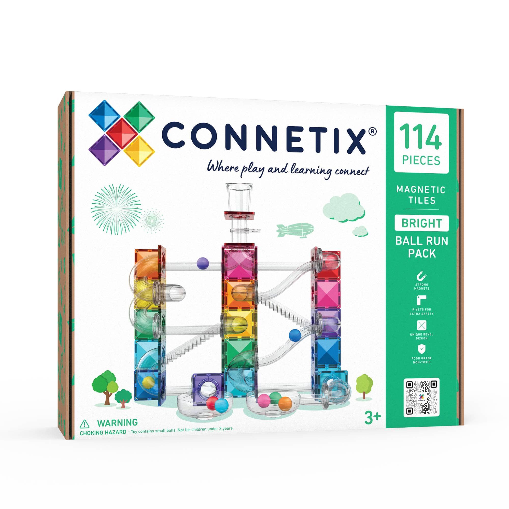 Connetix, Grün – Besonderheit: Mischung aus transparenten Röhrenelementen, darunter Rutschen, Kurven und gerade Abschnitte zum Bauen von unzähligen Kugelbahnen
