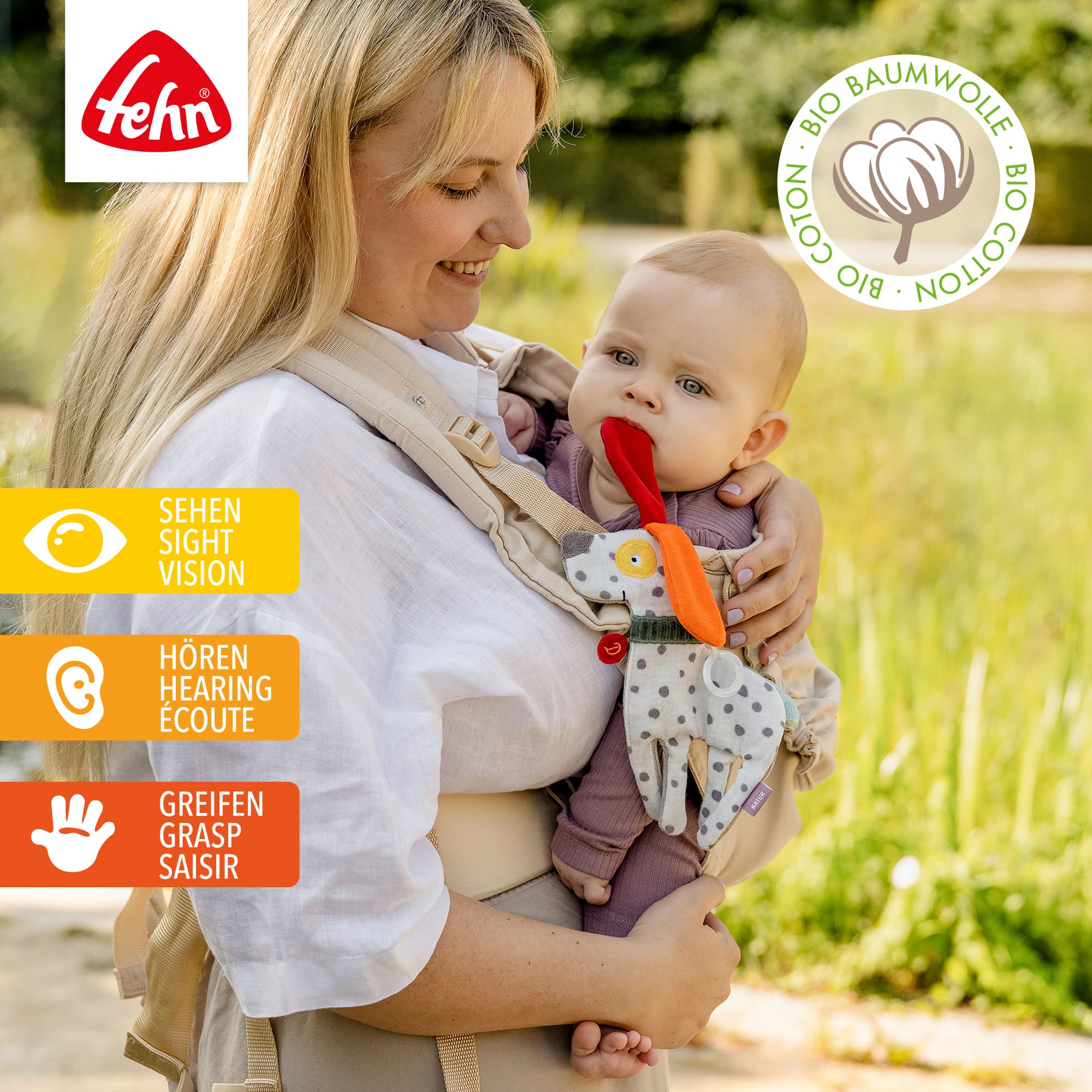 Knisterspielzeug & Knistertücher, fehn, Mehrfarbig – Besonderheit: mit Raschelpapier, Befestigungsring und Materialmix aus Baumwolle aus biologischem Anbau