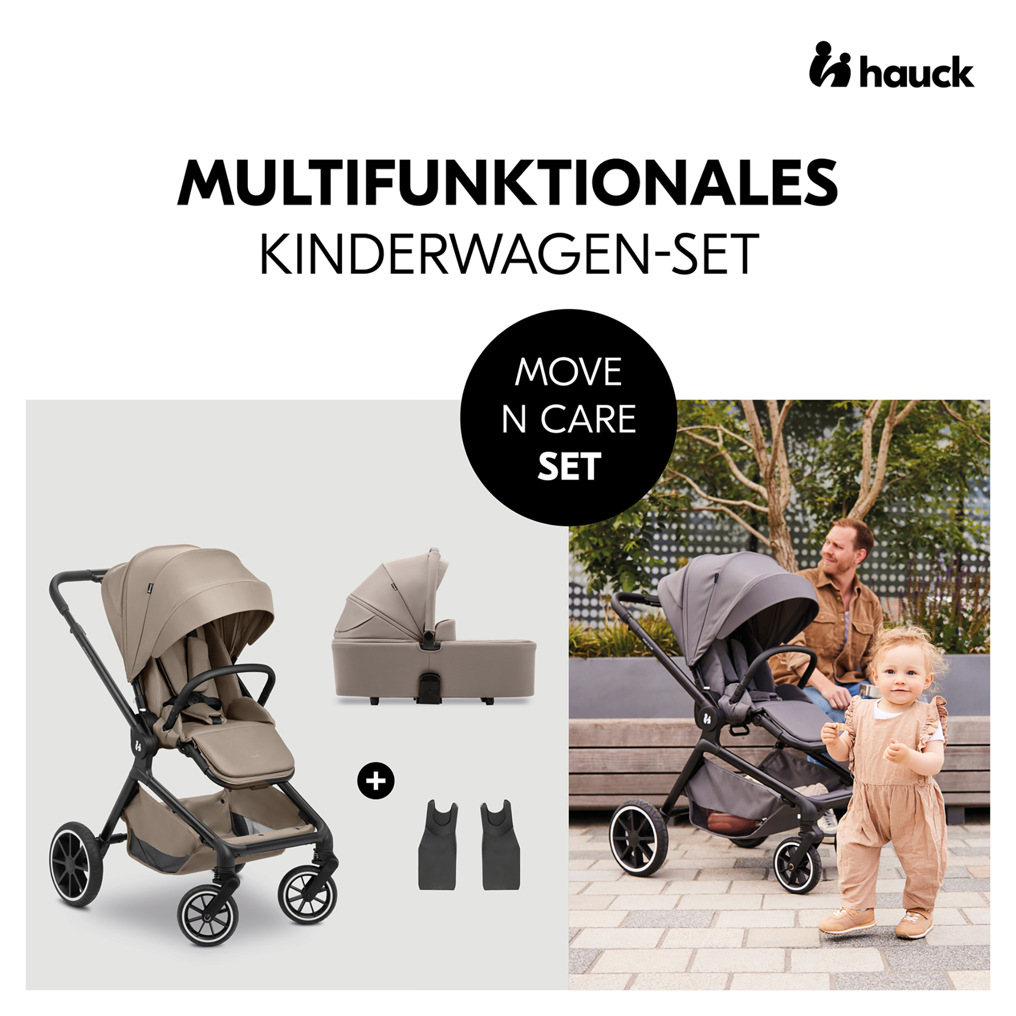 hauck, hauck, Beige – Besonderheit: Set bestehend aus Kinderwagen mit Sportsitz und Babywanne sowie Adaptern für die Babyschale