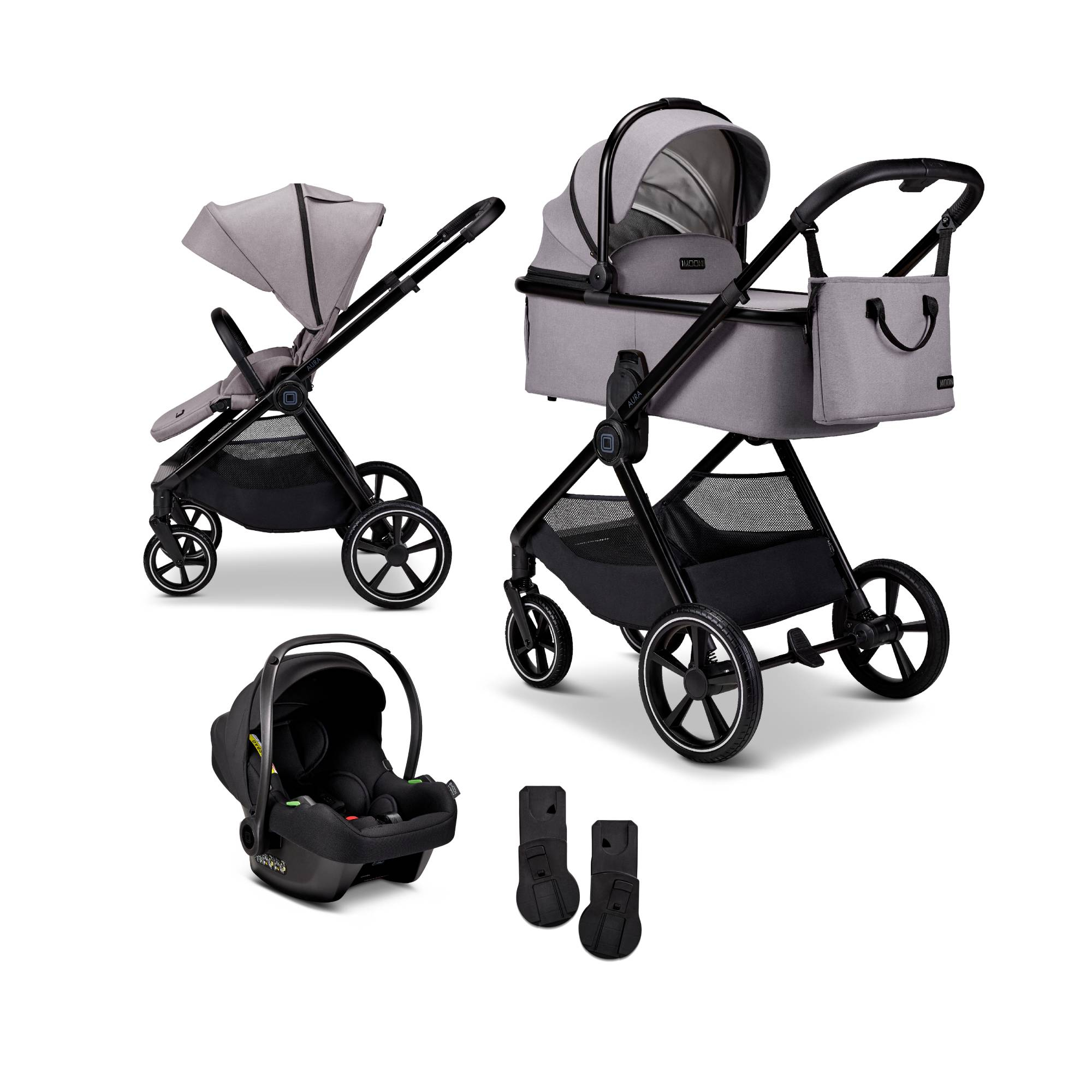 Kinderwagen Komplettsets, MOON, Grau – Besonderheit: Set bestehend aus Kombi-Kinderwagen, Babyschale und den passenden Adaptern