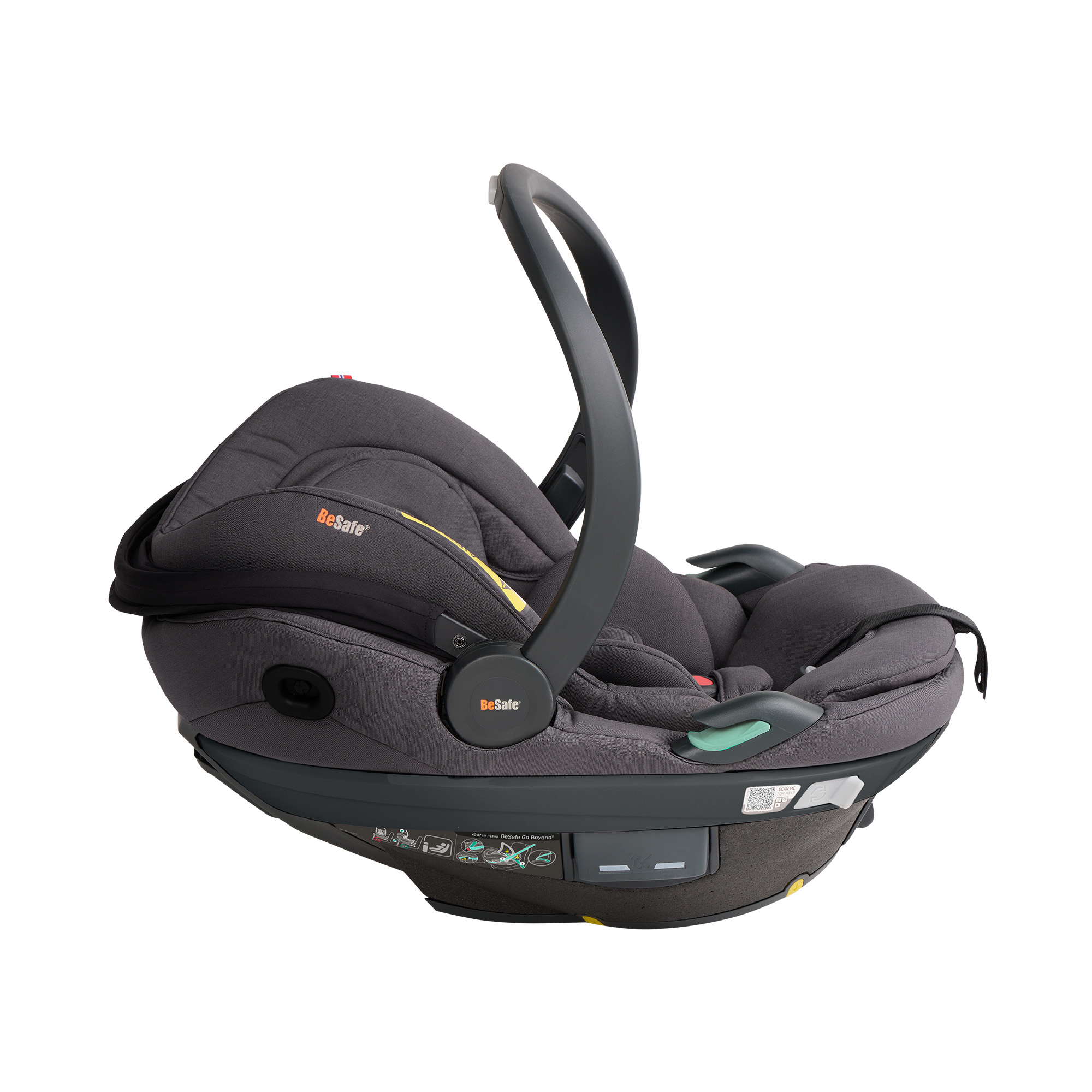 Babyschalen 0-13 kg, Gruppe 0+, BeSafe, Grau – Besonderheit: Active Lay Flat™-Funktion, Liegefunktion die sich bei einem Unfall automatisch in eine aufrechte Position bewegt