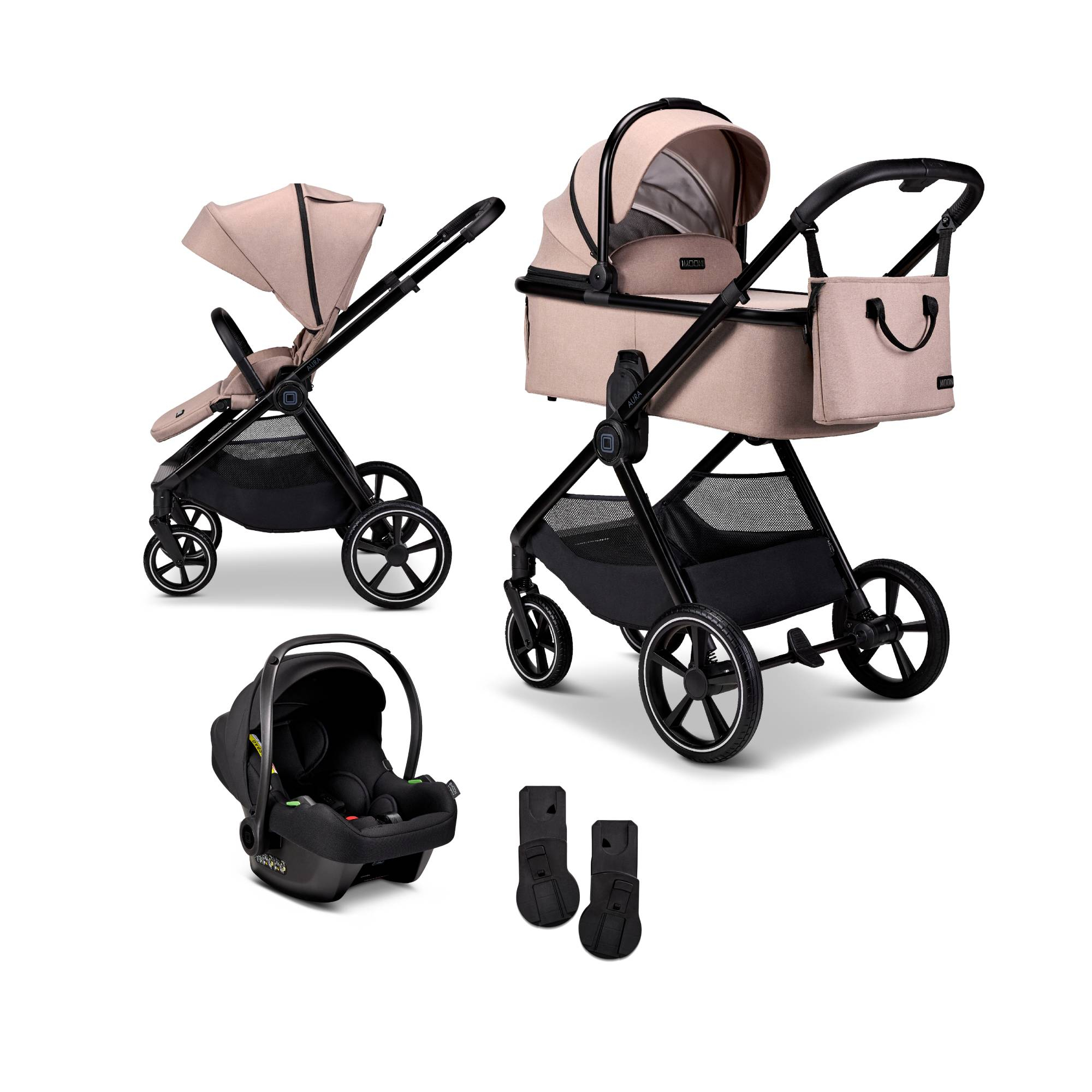 Kinderwagen Komplettsets, MOON, Beige – Besonderheit: Set bestehend aus Kombi-Kinderwagen, Babyschale und den passenden Adaptern