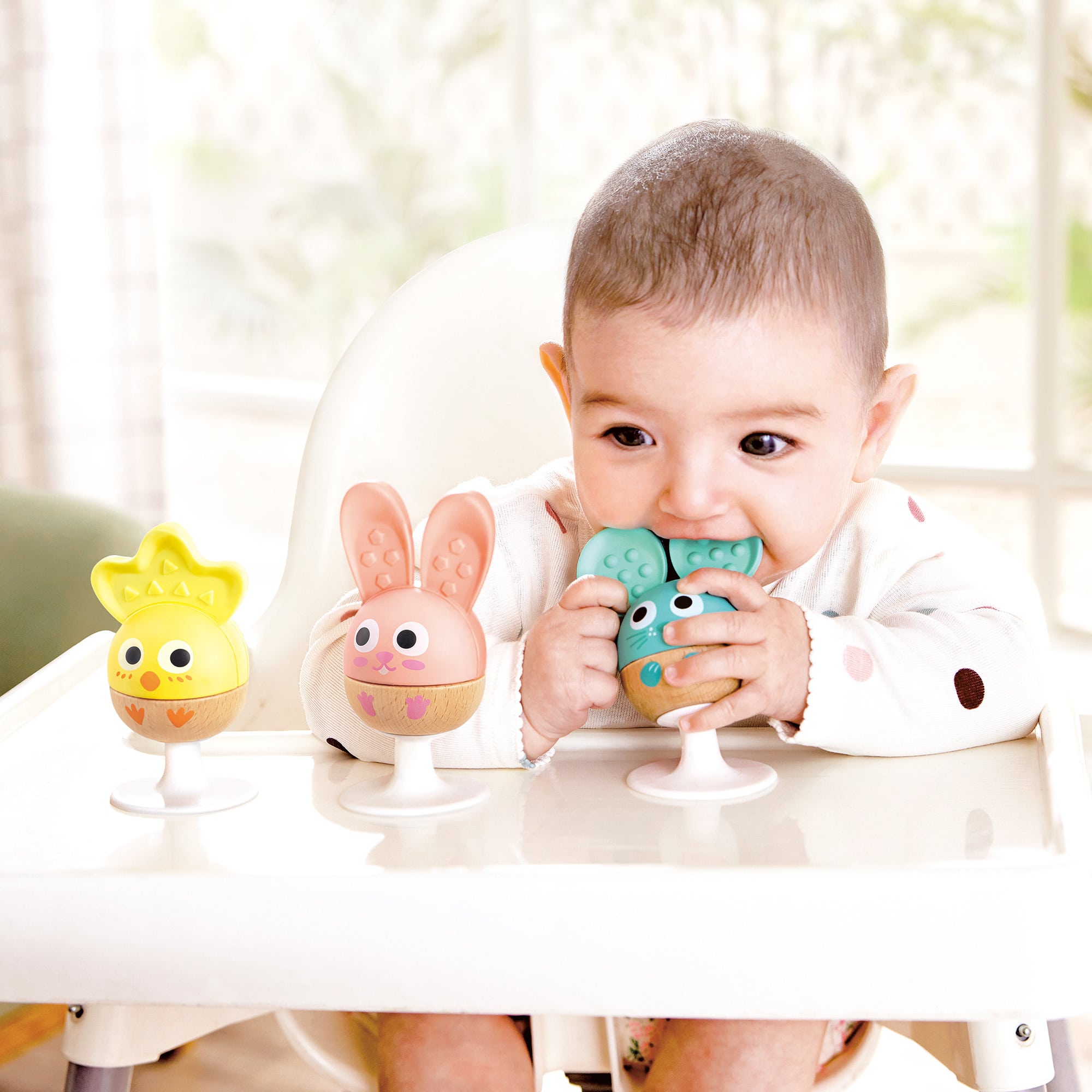 Produkte, Hape, Mehrfarbig – Besonderheit: 3 Rasseln in Form eines Hasen, eines Kükens und einer Maus