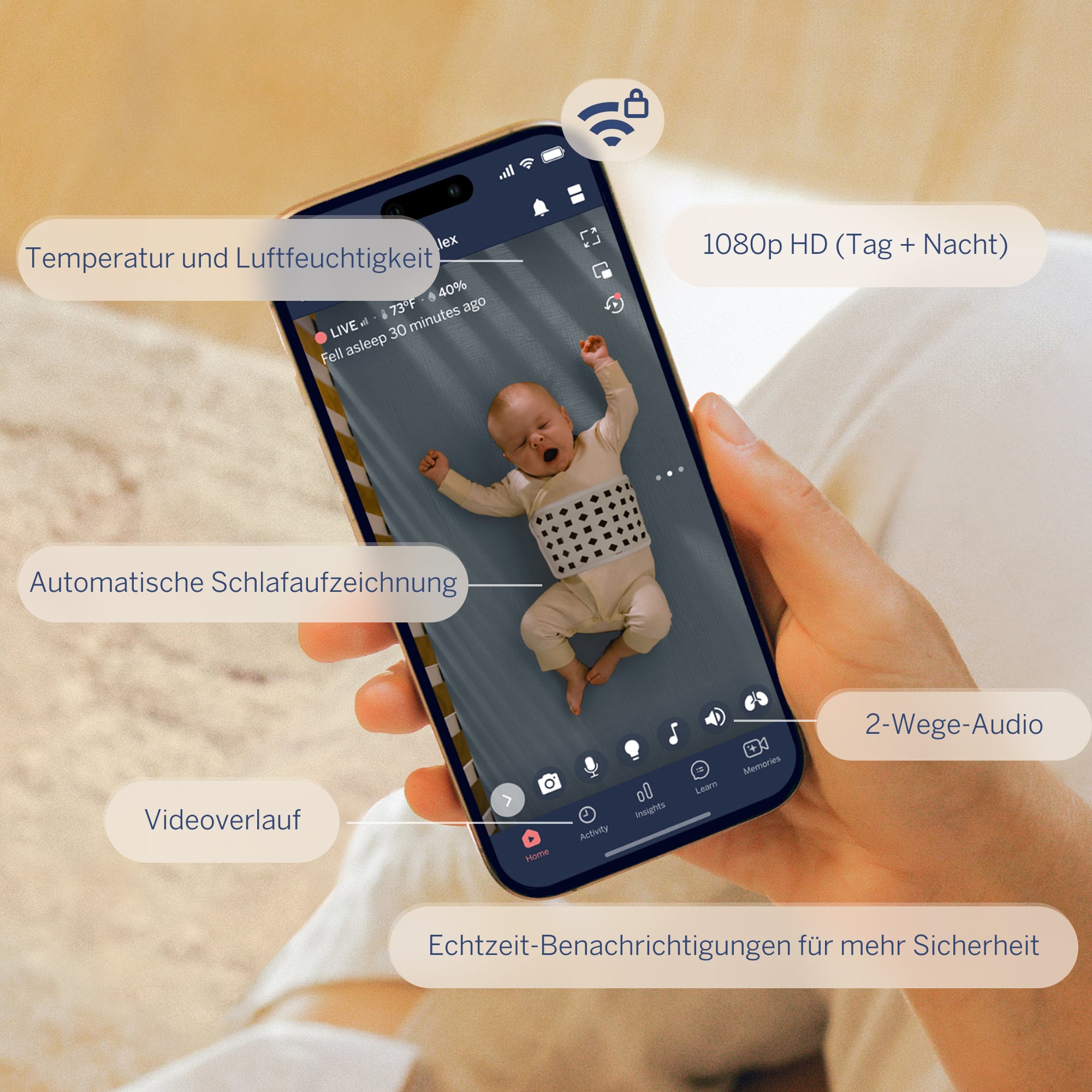 Babyphone, Nanit, Weiß – Besonderheit: Set bestehend aus Nanit Pro Kamera-Babyphone mit Flex-Ständer & einem kleinen sensorfreiem Baumwoll-Atemüberwachungsband (0–3 Monate)