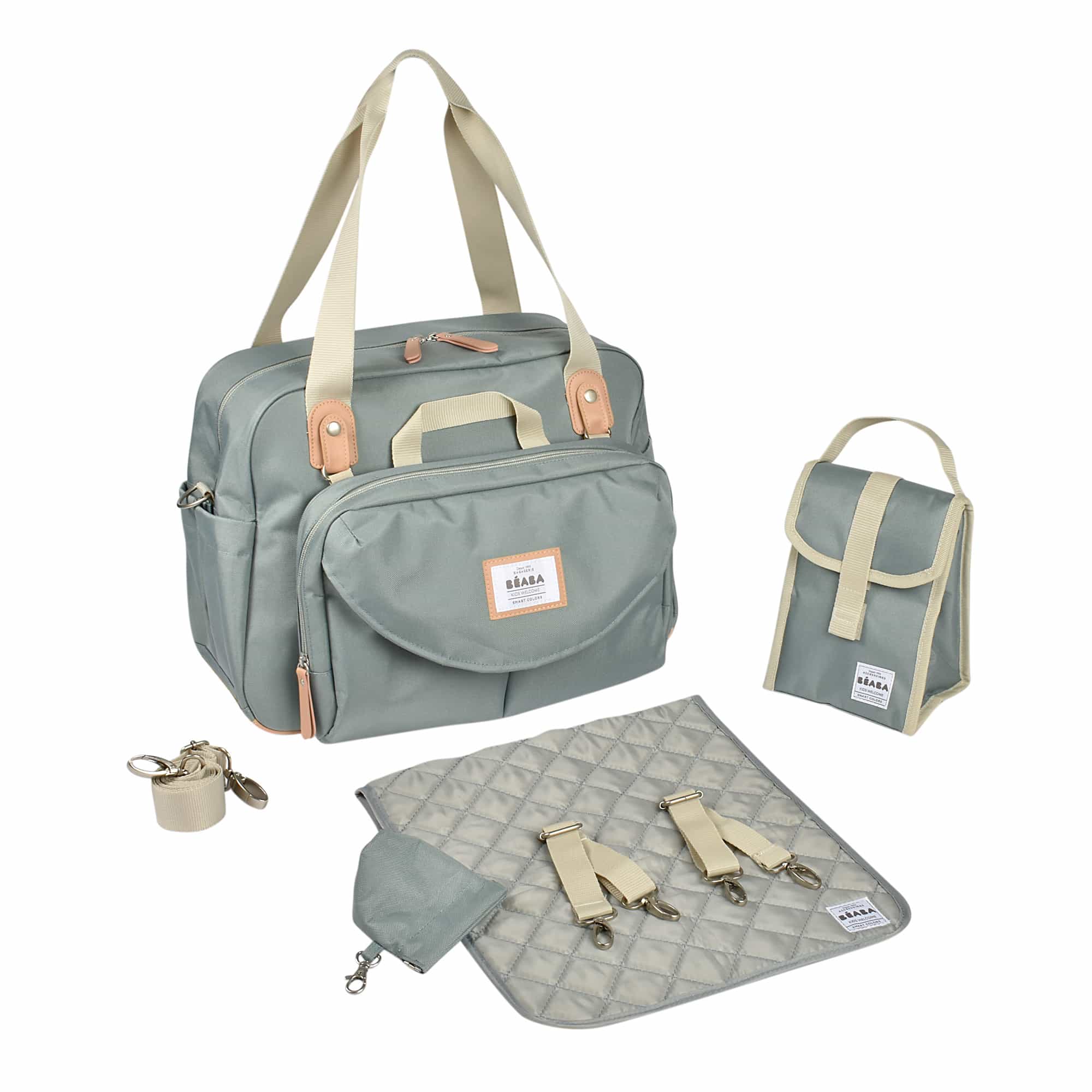 Wickeltaschen, BÈABA, Grün – Besonderheit: inkl. Wickelauflage, Schulterriemen, Schnullertasche und isothermische Essenstasche