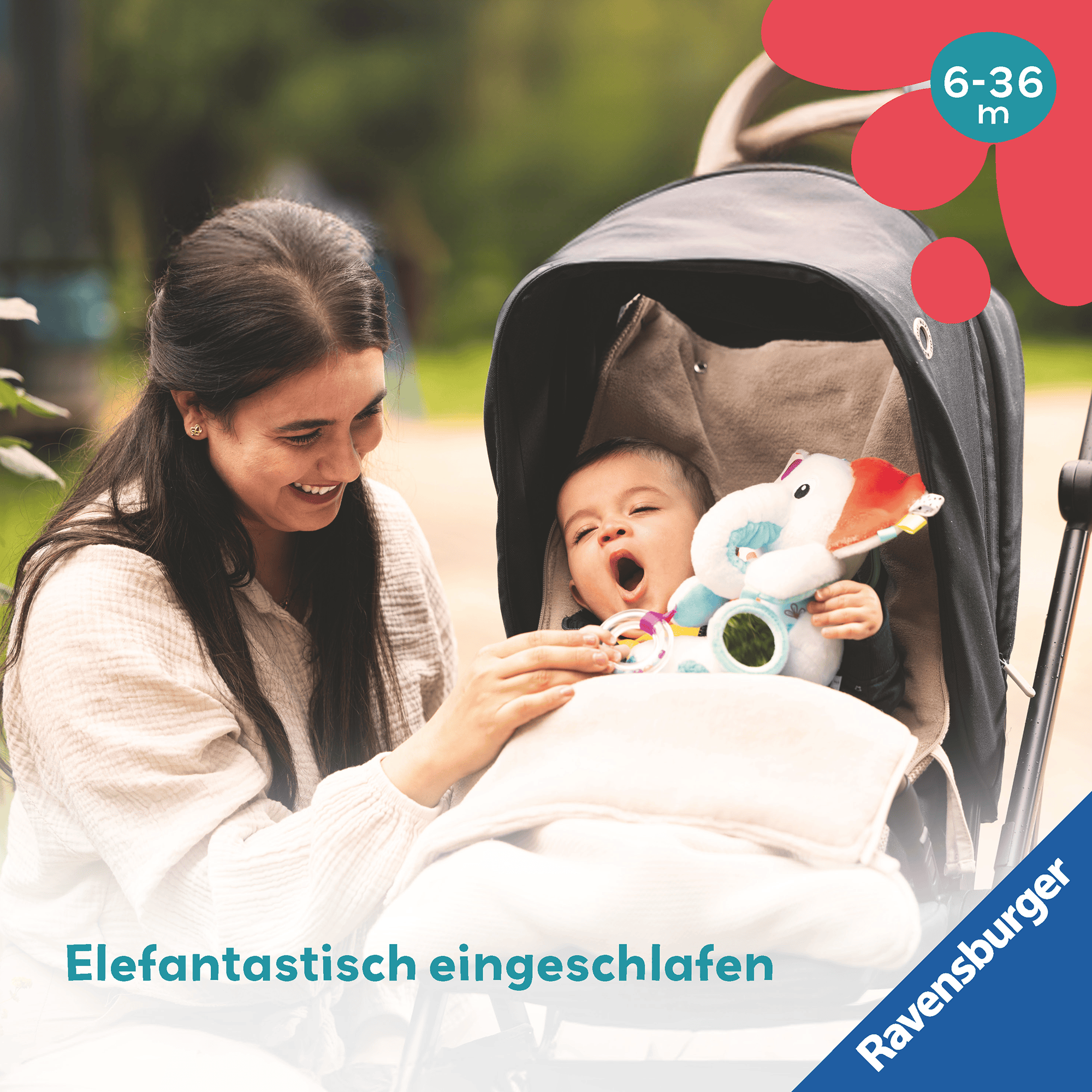 Rasseln & Greiflinge, Ravensburger, Blau – Besonderheit: lustiger Ringel-Rüssel mit Spielring, Spiegel und Knisterohr