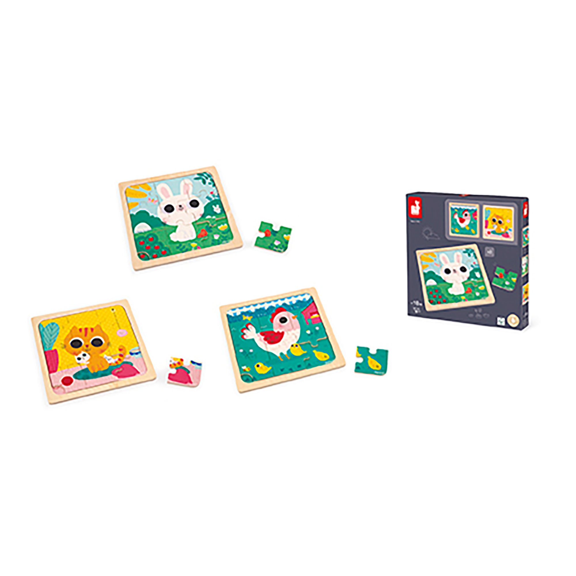 Holzpuzzle, Janod, Mehrfarbig – Besonderheit: drei verschiedene Puzzles