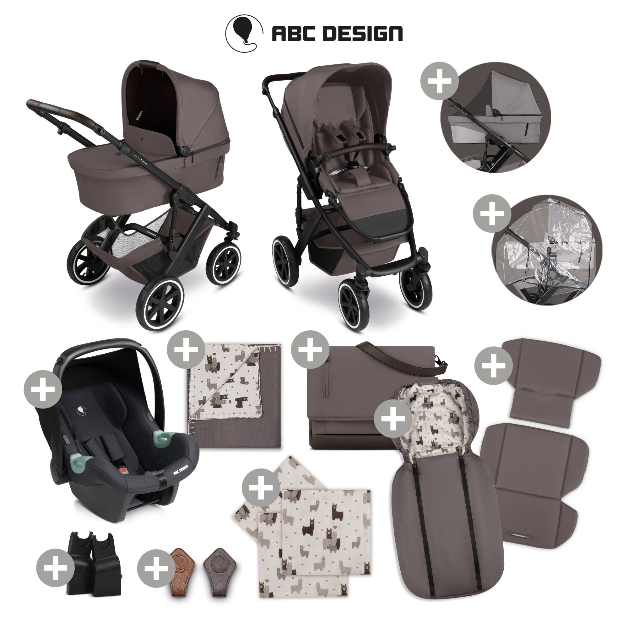 Kinderwagen Komplettsets, ABC DESIGN, Braun – Besonderheit: 3in1 Set bestehend aus Kombikinderwagen, Babyschale und weiterem Zubehör