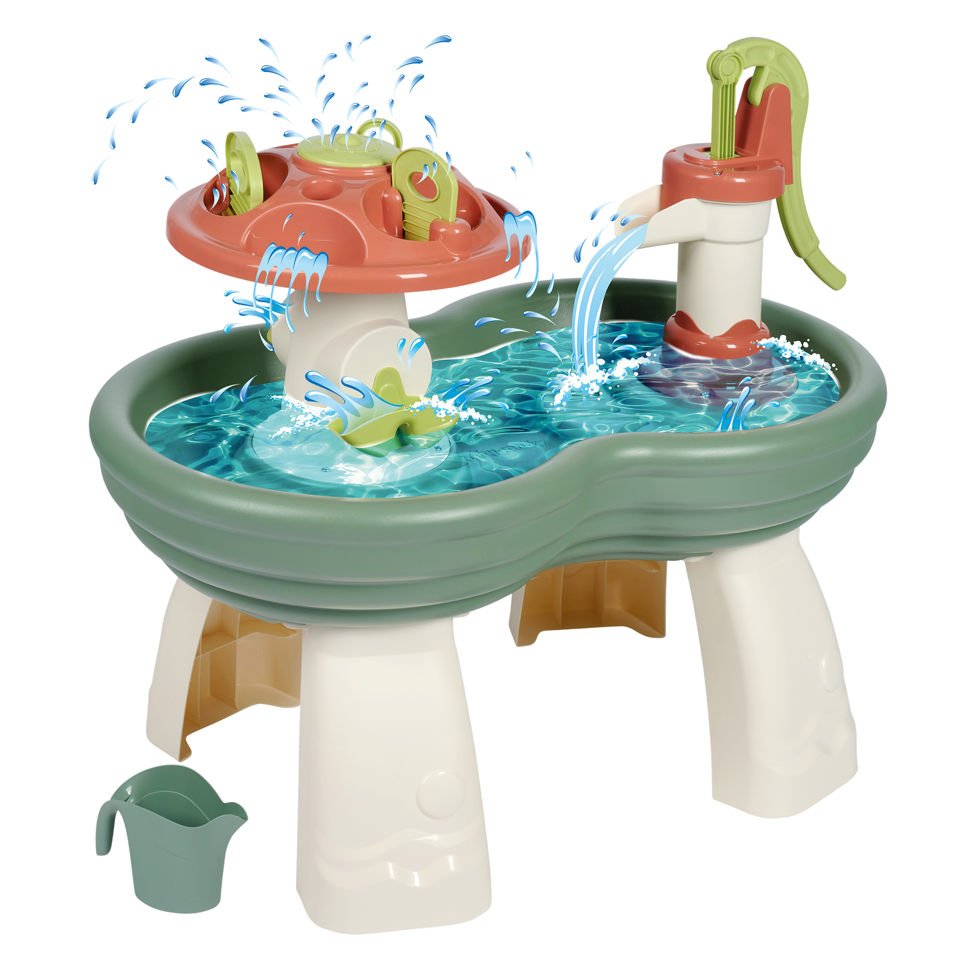 AquaPlay, Grün – Besonderheit: riesige Pumpe und große Pilze mit Spritz- und Wasserfall-Funktionen 
