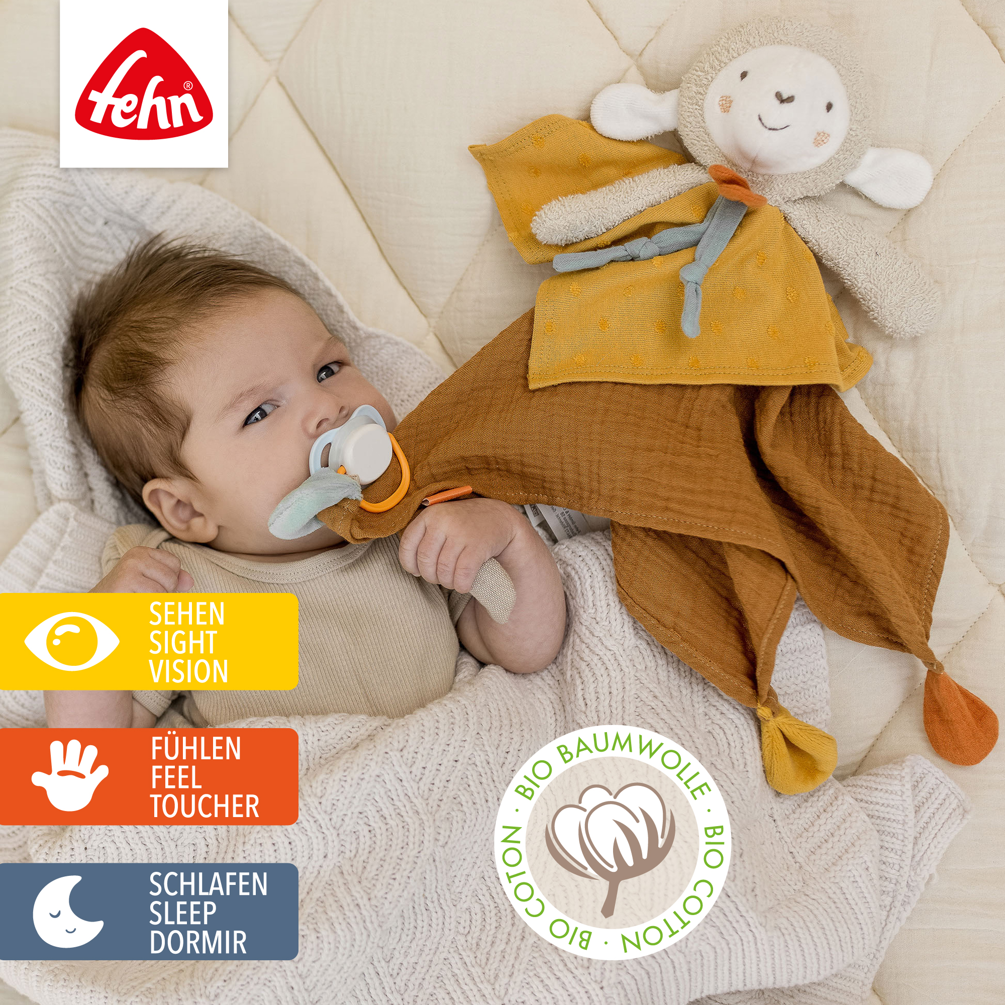 Schmusetücher, fehn, Gelb – Besonderheit: Spielkamerad und Stofftier-Schnuffeltuch mit Schnullerring