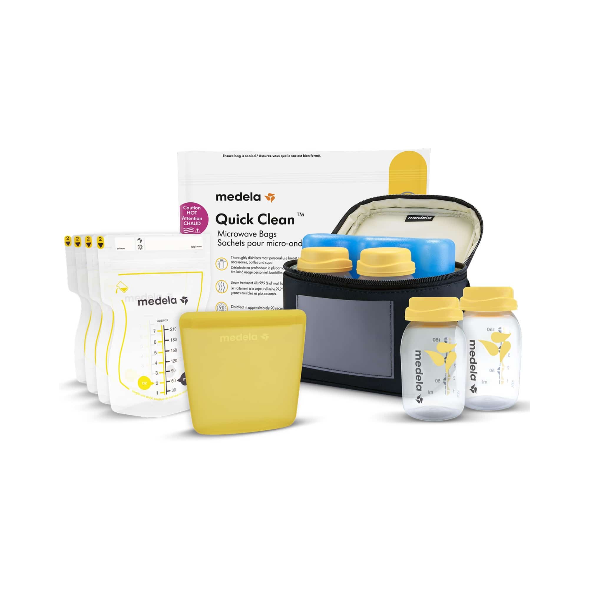 Stillzubehör, medela, Weiß – Besonderheit: Set bestehend aus 4x Easy Pour Muttermilchbeutel, 4x 150ml Muttermilchflaschen, 1x wiederverwendbarer Muttermilchbeutel aus Silikon 220ml, 1x Kühltasche mit Kühlaggregat, 1x Quick Clean Mikrowellenbeutel, 1x Gebrauchsanleitung