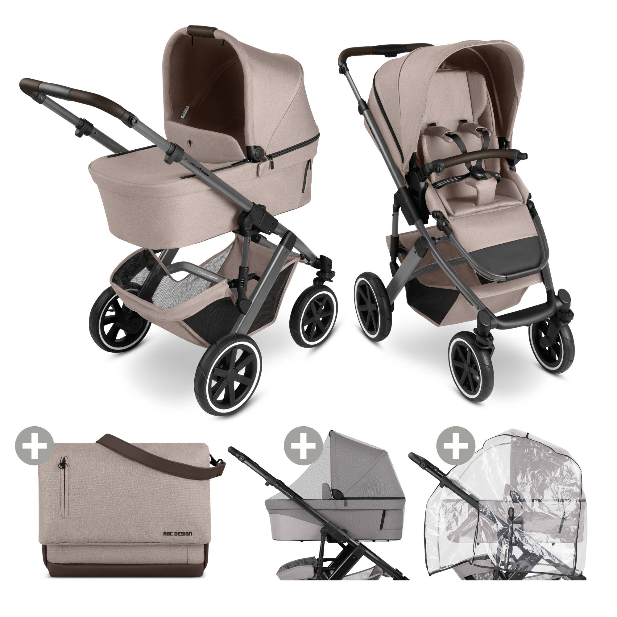 Kinderwagen Komplettsets, ABC DESIGN, Beige – Besonderheit: Set bestehend aus Kombi-Kinderwagen, Moskitonetz, Wickeltasche und Regenschutz