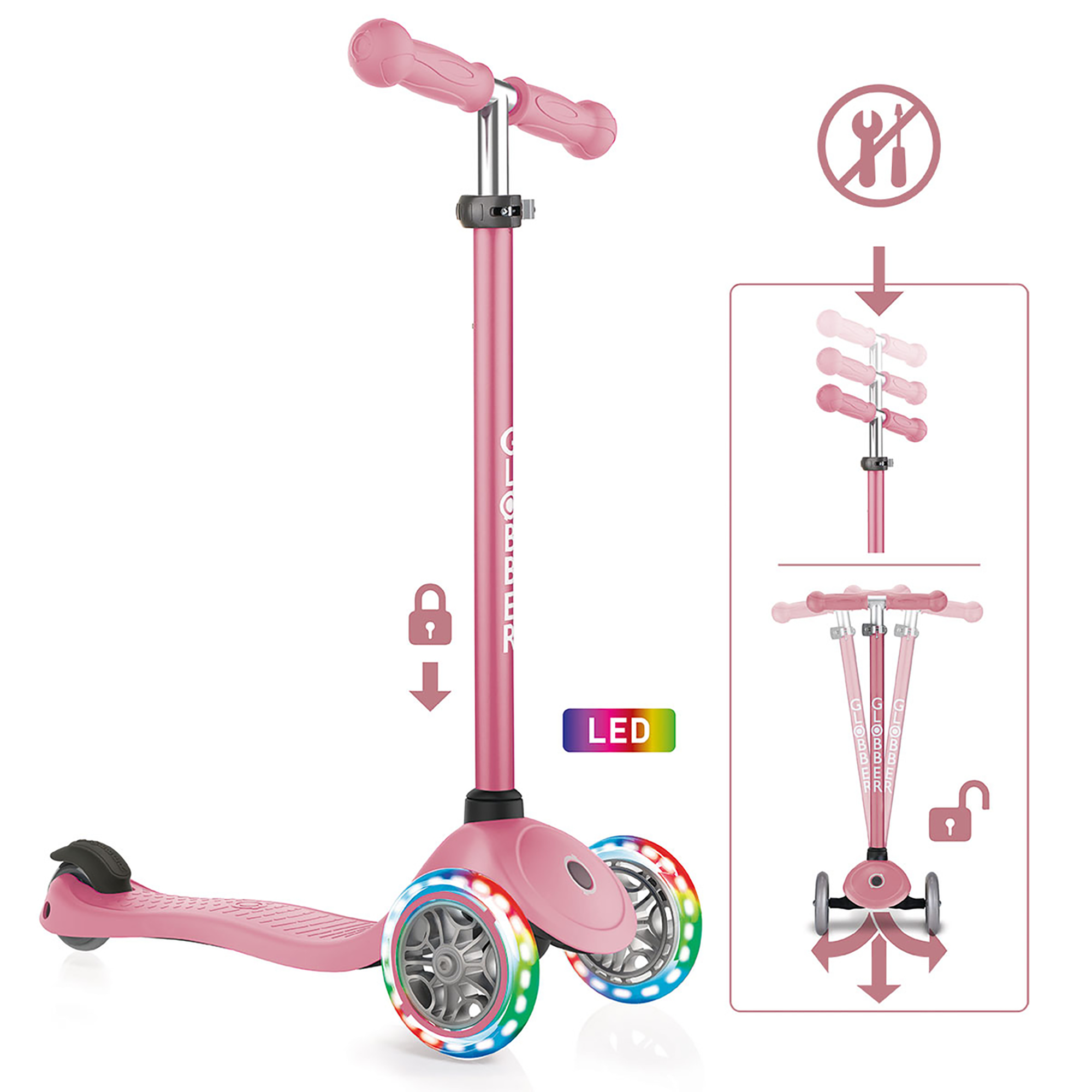 Roller, GLOBBER, Pink – Besonderheit: mit batterielosen Leuchtrollen