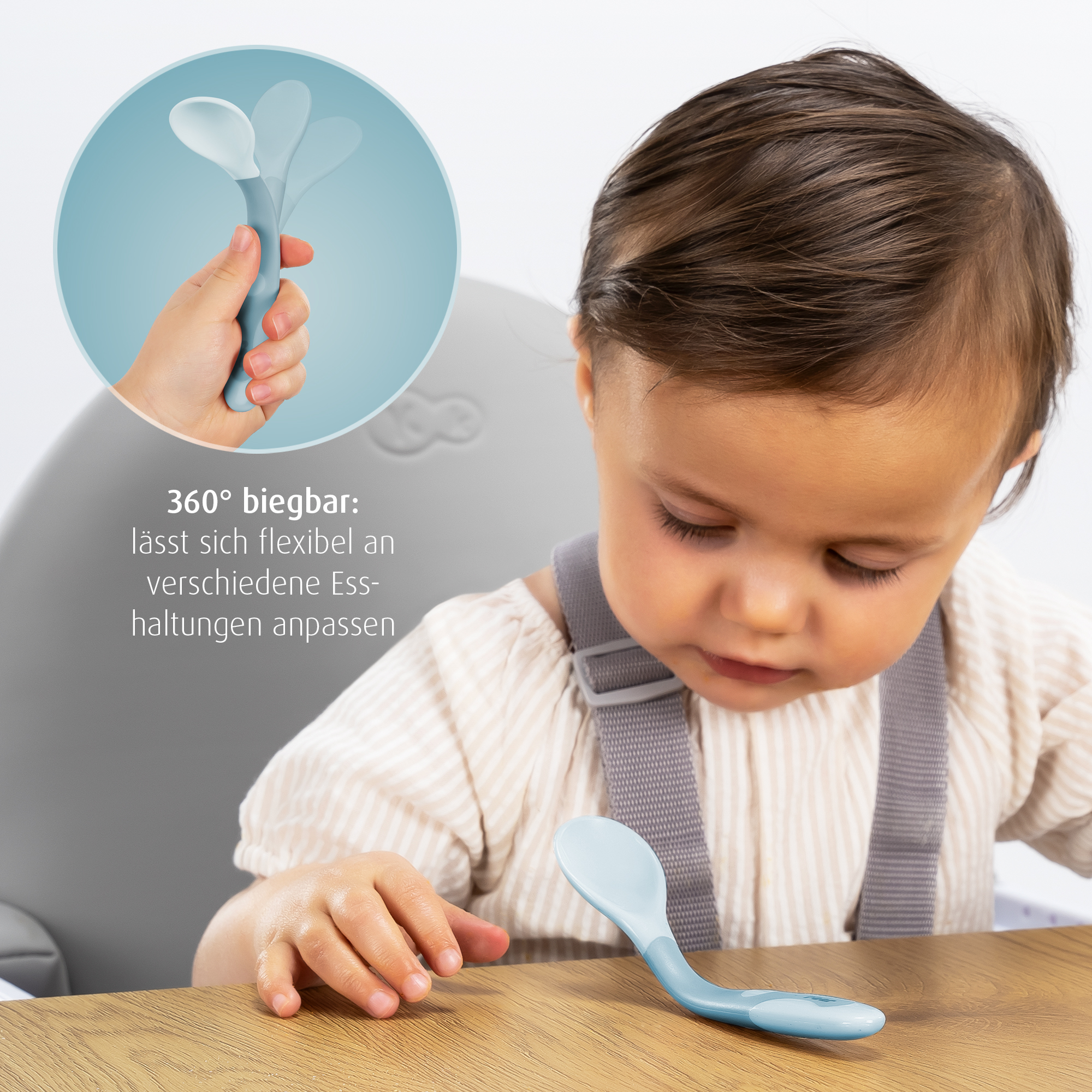 Kinderbesteck, reer, Blau – Besonderheit: um 360 Grad biegbares, flexibles Lernbesteck