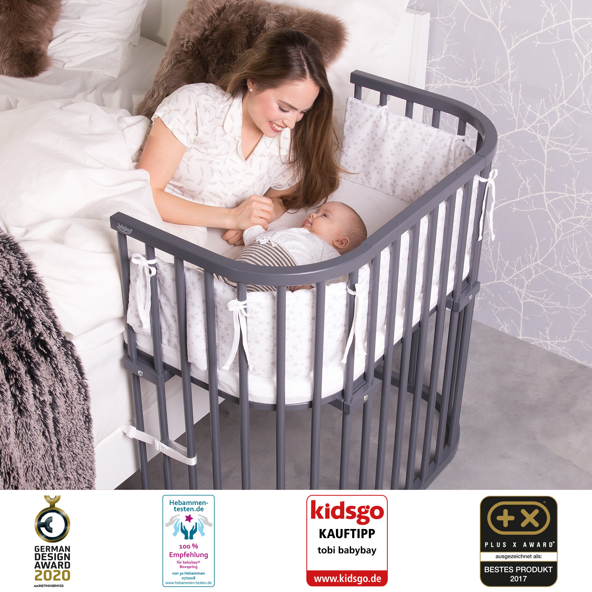 Beistellbetten, babybay, Grau – Besonderheit: extra große XXL Liegefläche