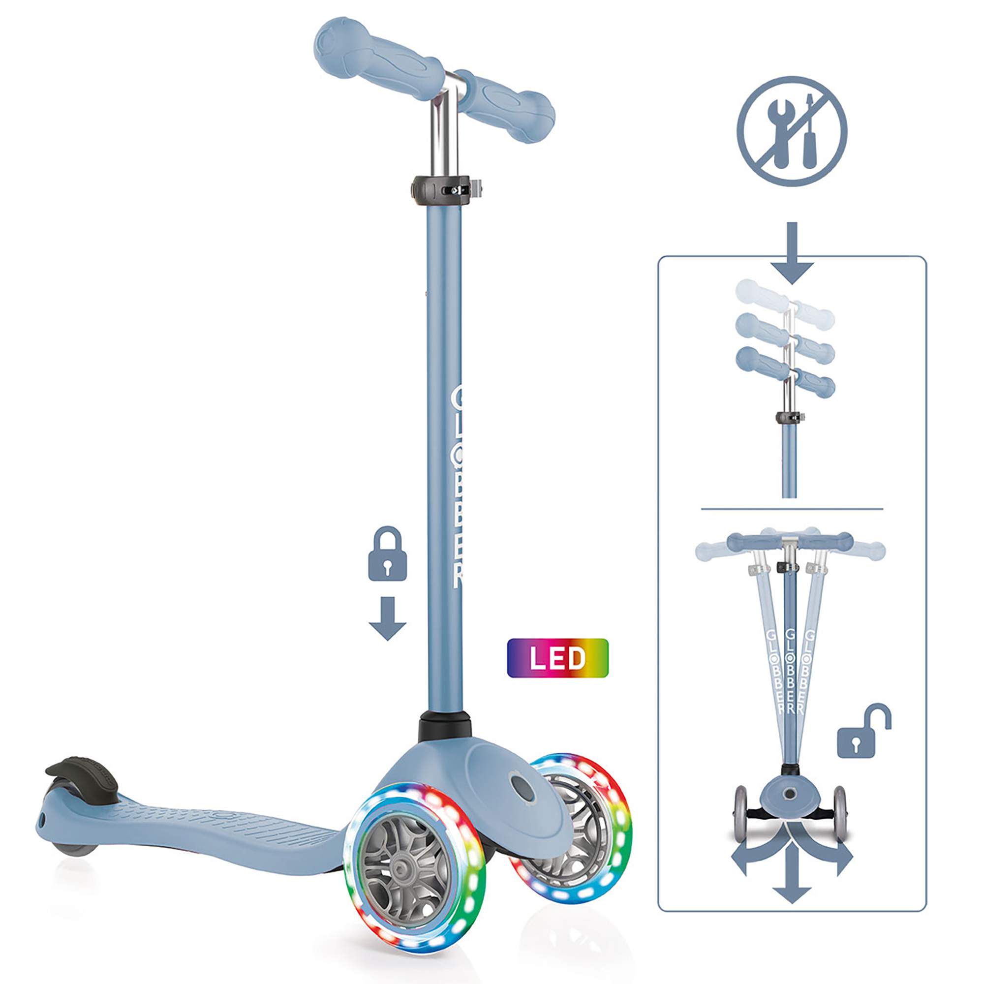 Roller, GLOBBER, Blau – Besonderheit: mit batterielosen Leuchtrollen