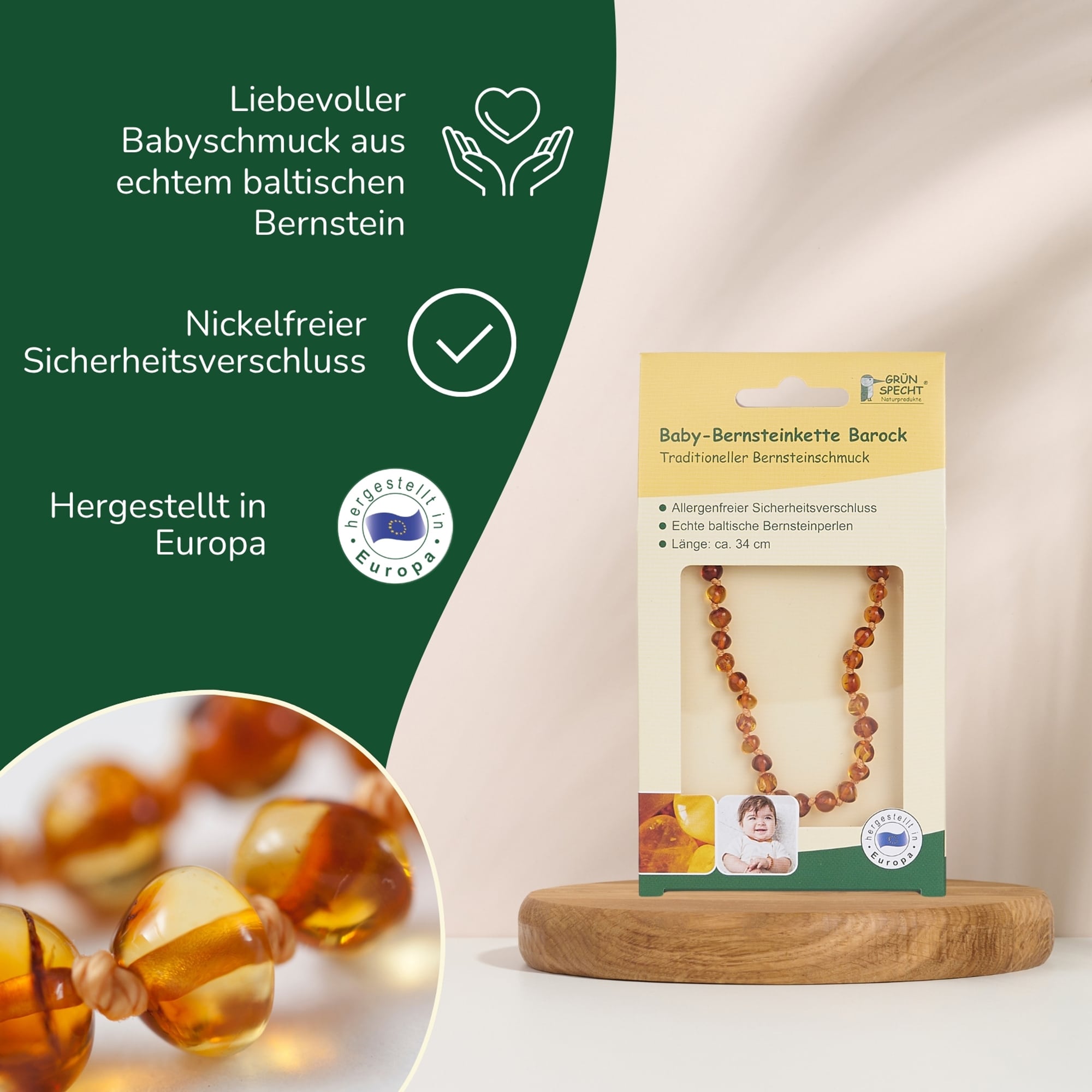 Bernsteinketten, GRÜNSPECHT, Braun – Produktansicht