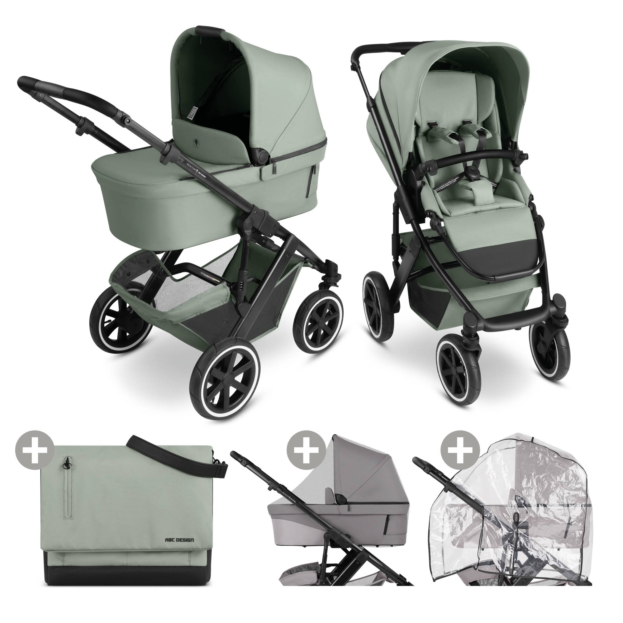 Kinderwagen Komplettsets, ABC DESIGN, Grün – Besonderheit: Set bestehend aus Kombi-Kinderwagen, Moskitonetz, Wickeltasche und Regenschutz