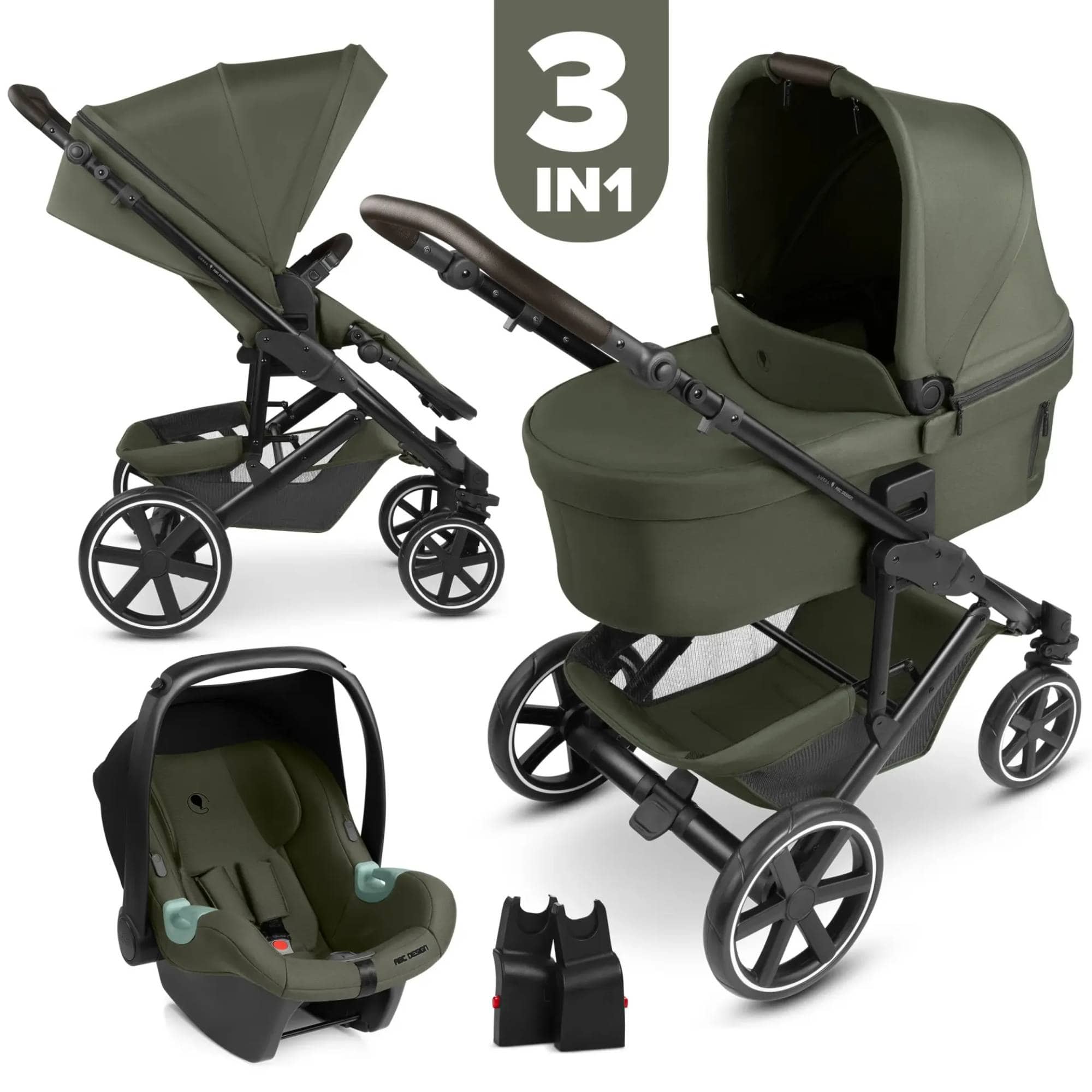 Kinderwagen Komplettsets, ABC DESIGN, Grün – Besonderheit: Set bestehend aus Babywanne, Sitzeinheit, i-Size Babyschale (ECE R129) und Adapter