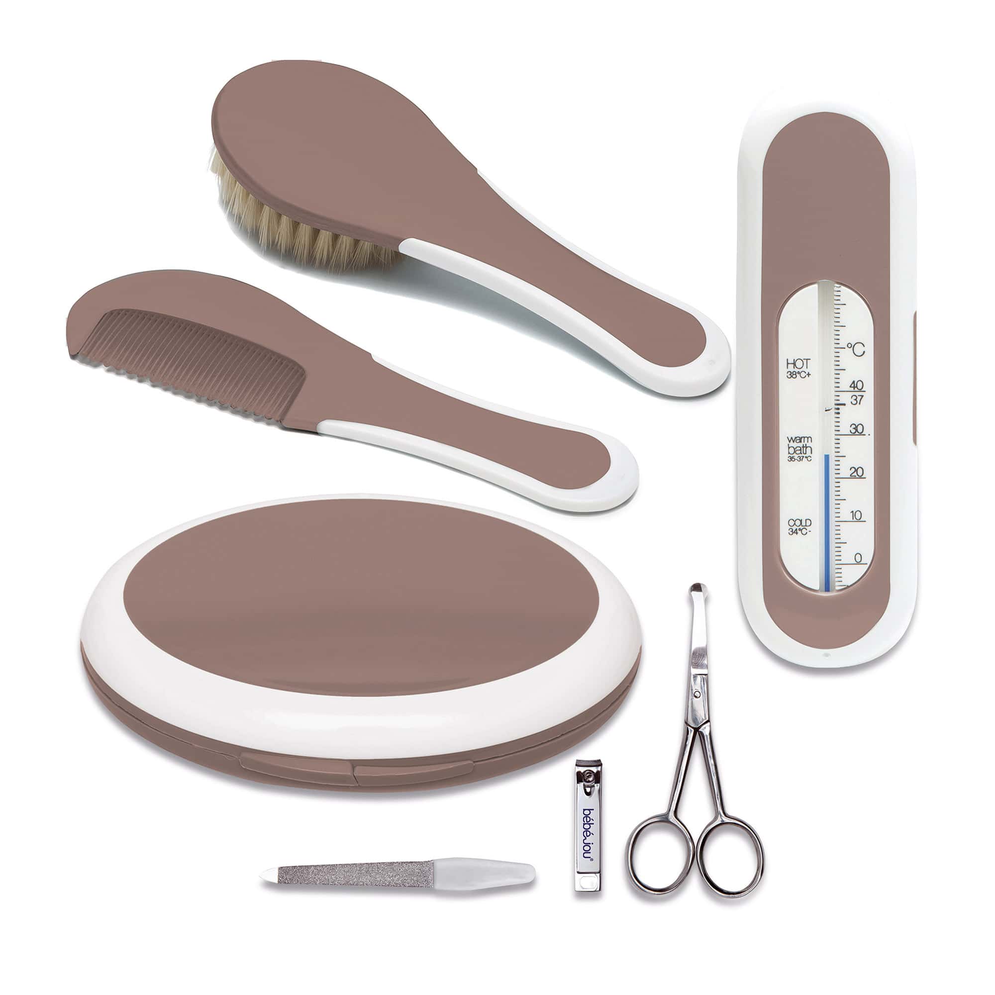 Babypflege-Sets, bébé-jou, Braun – Besonderheit: enthält Kamm, Bürste, Maniküre-Set und Badethermometer