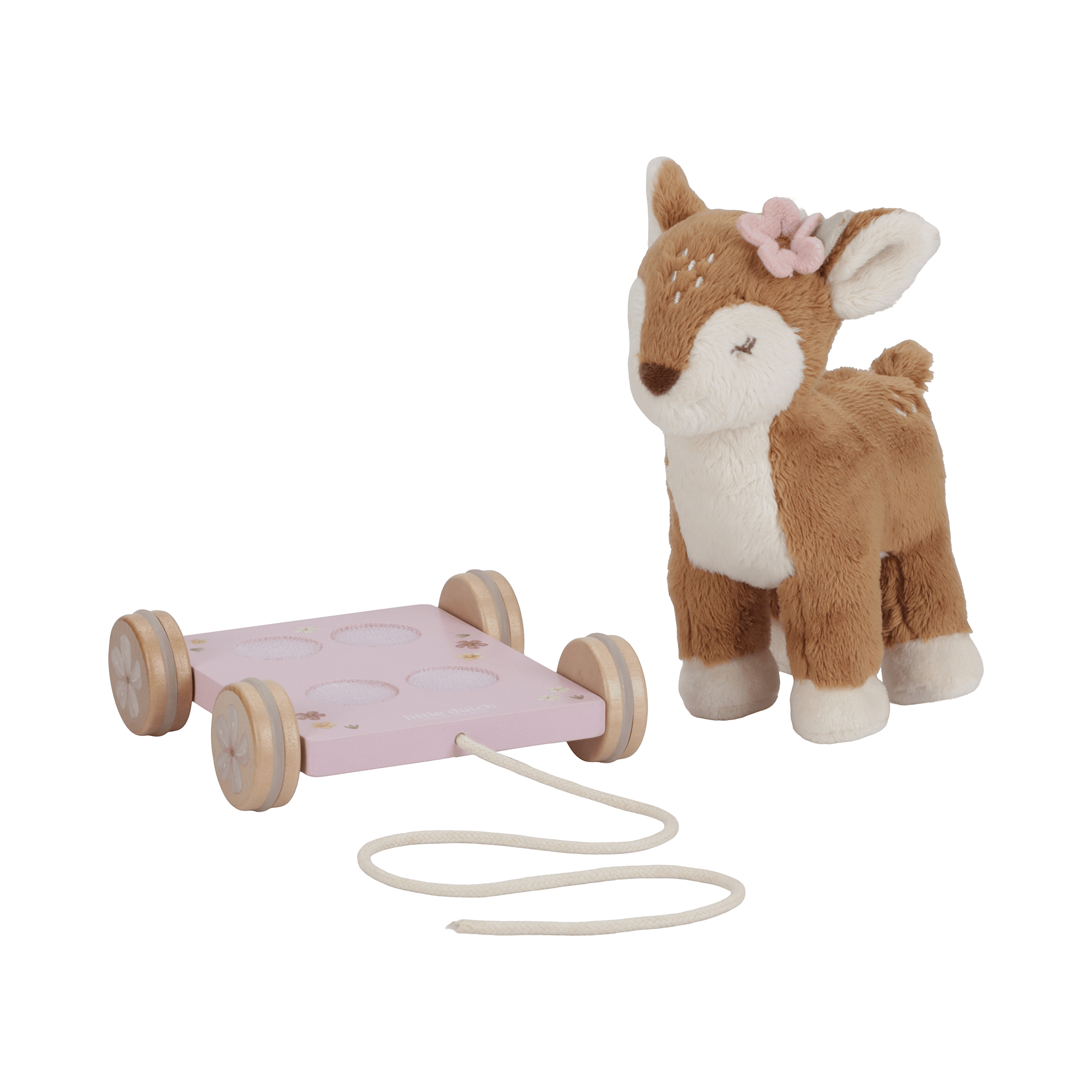 Nachziehtiere, LITTLE DUTCH, Pink – Besonderheit: kuscheliger Hirsch auf einem blumengeschmückten Holzwagen