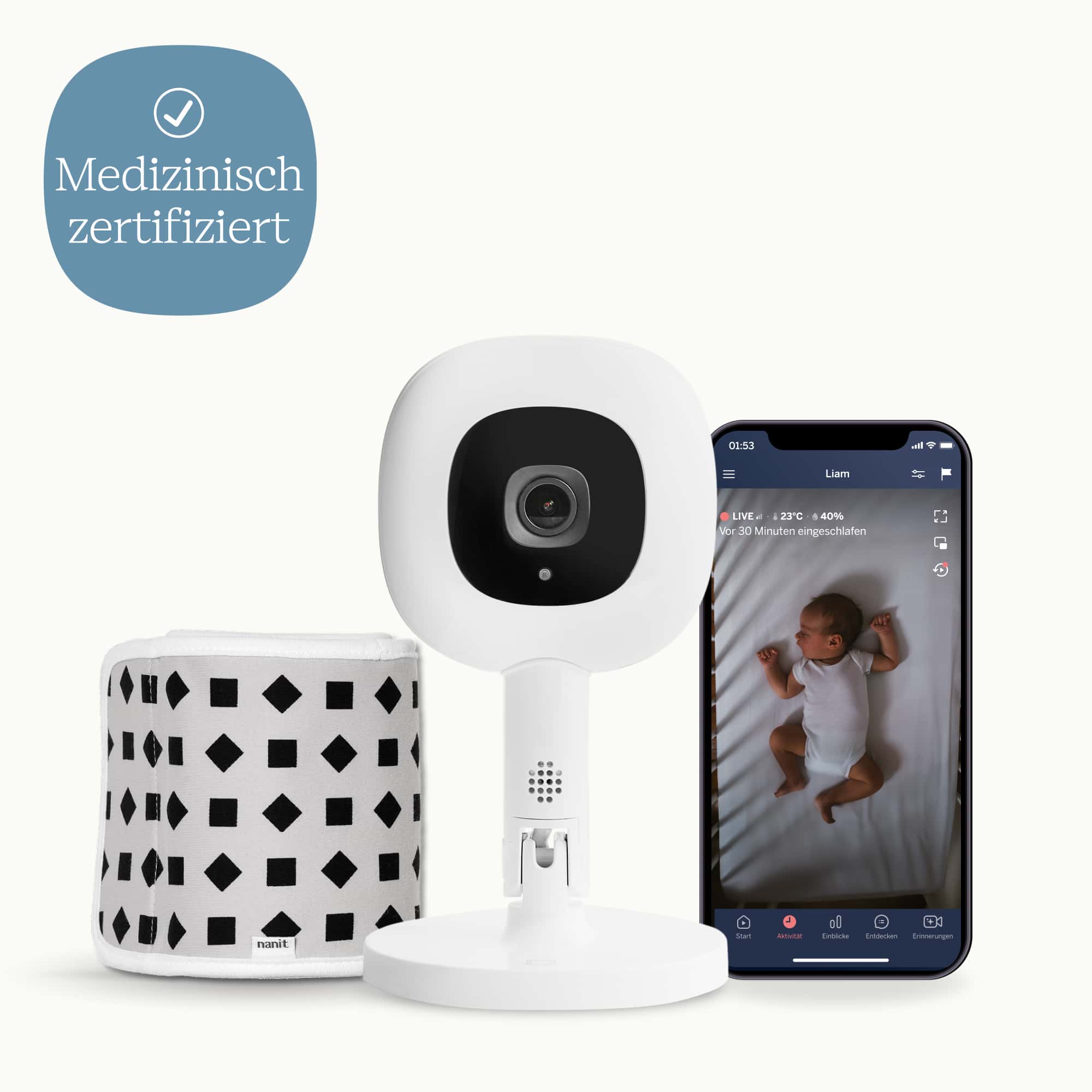 Babyphone, Nanit, Weiß – Besonderheit: Set bestehend aus Nanit Pro Kamera-Babyphone mit Flex-Ständer & einem kleinen sensorfreiem Baumwoll-Atemüberwachungsband (0–3 Monate)