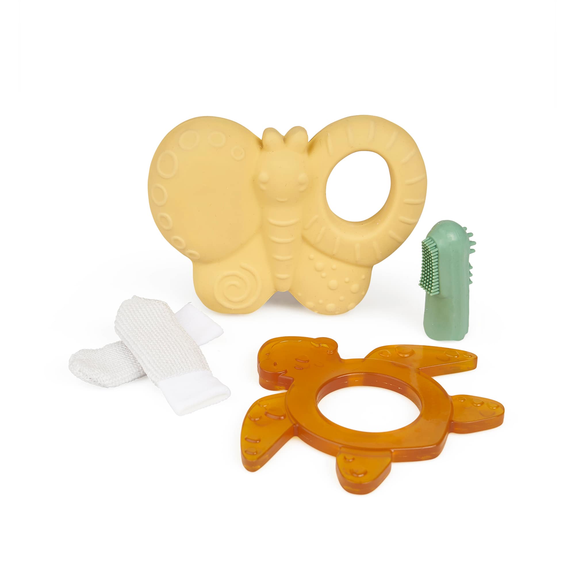 Beißringe, GRÜNSPECHT, Gelb – Besonderheit: Set aus Beißring, Spieltier, Fingerling, und Fingerzahnbürste