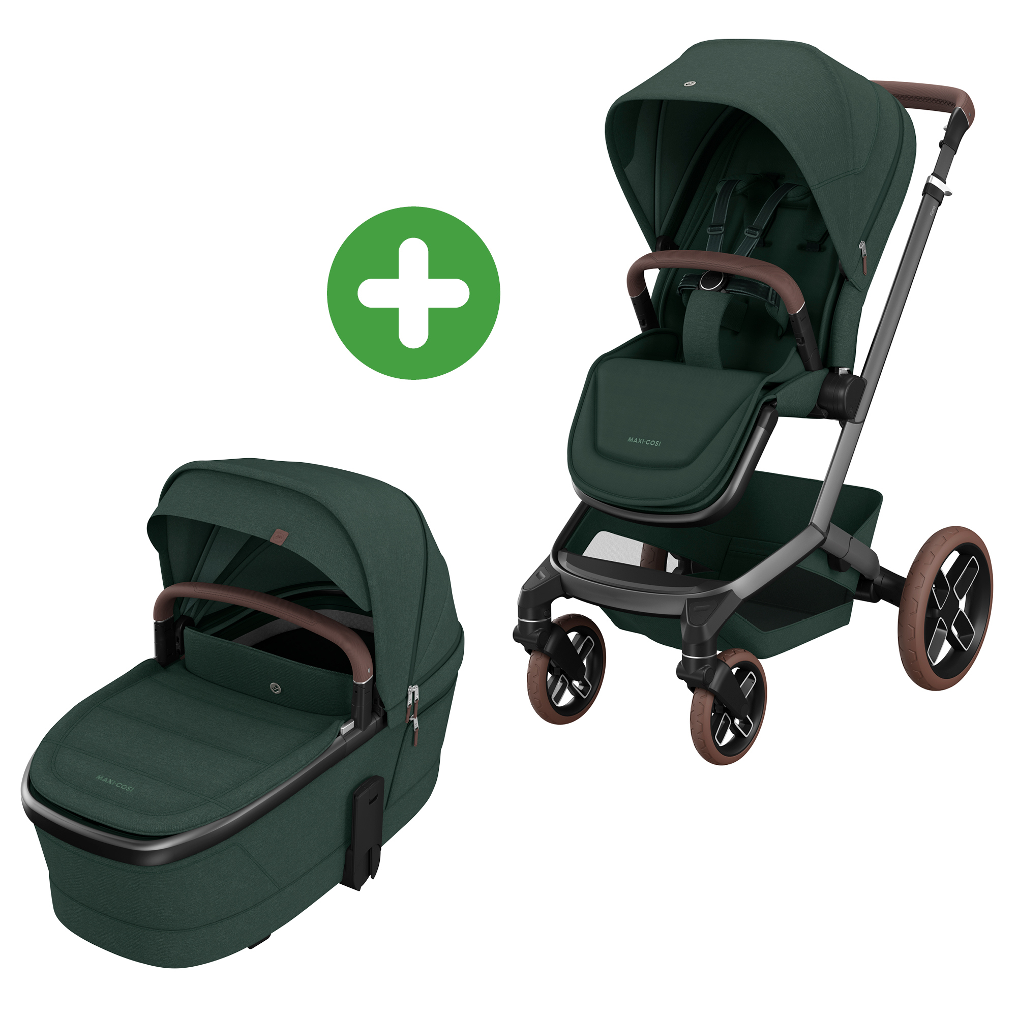 Kinderwagen Komplettsets, MAXI-COSI Premium, Grün – Besonderheit: Set bestehend aus Gestell mit Sitzeinheit und Babywanne