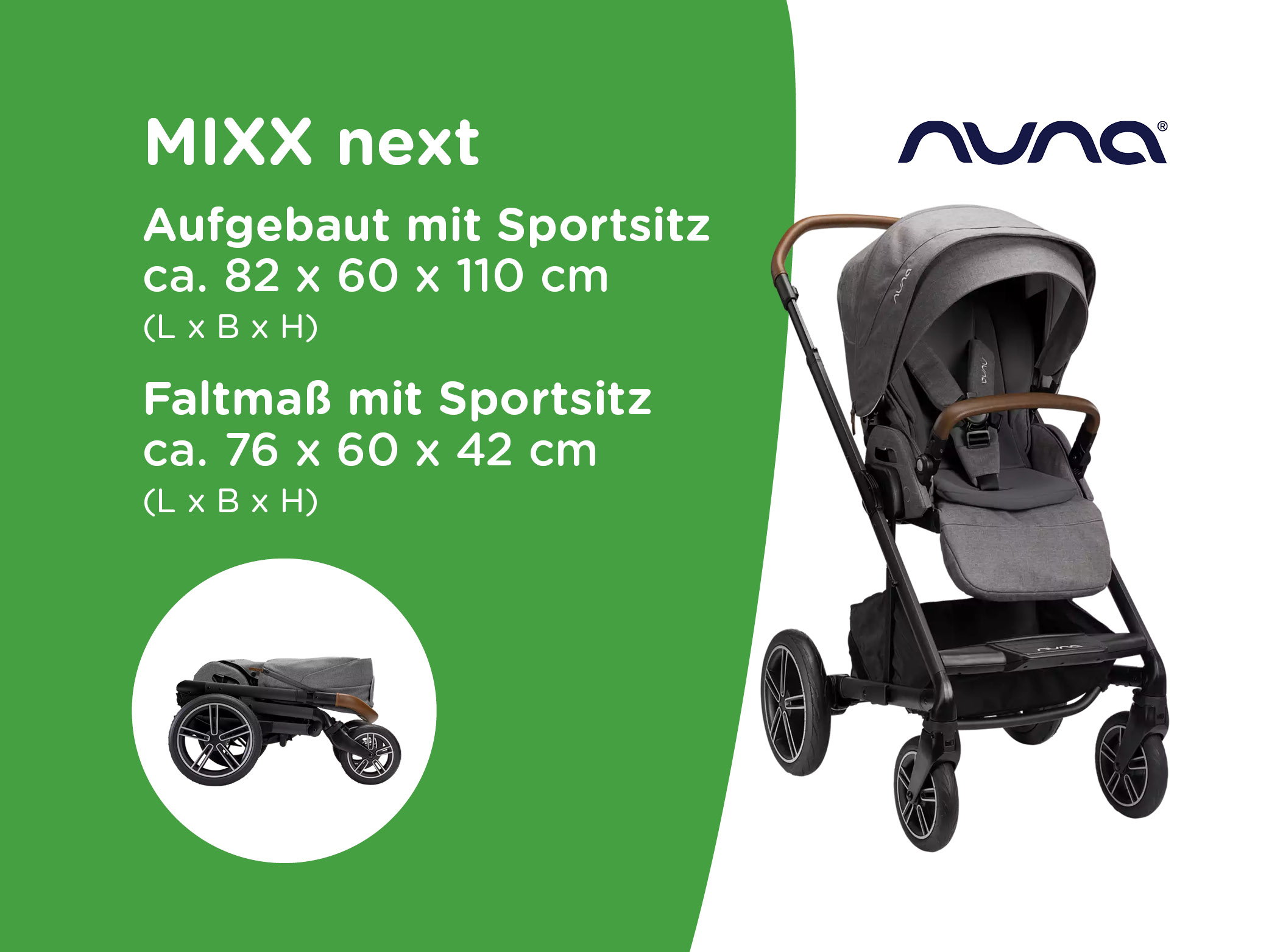 Kinderwagen ein mit einem baby darin und der text daneben.