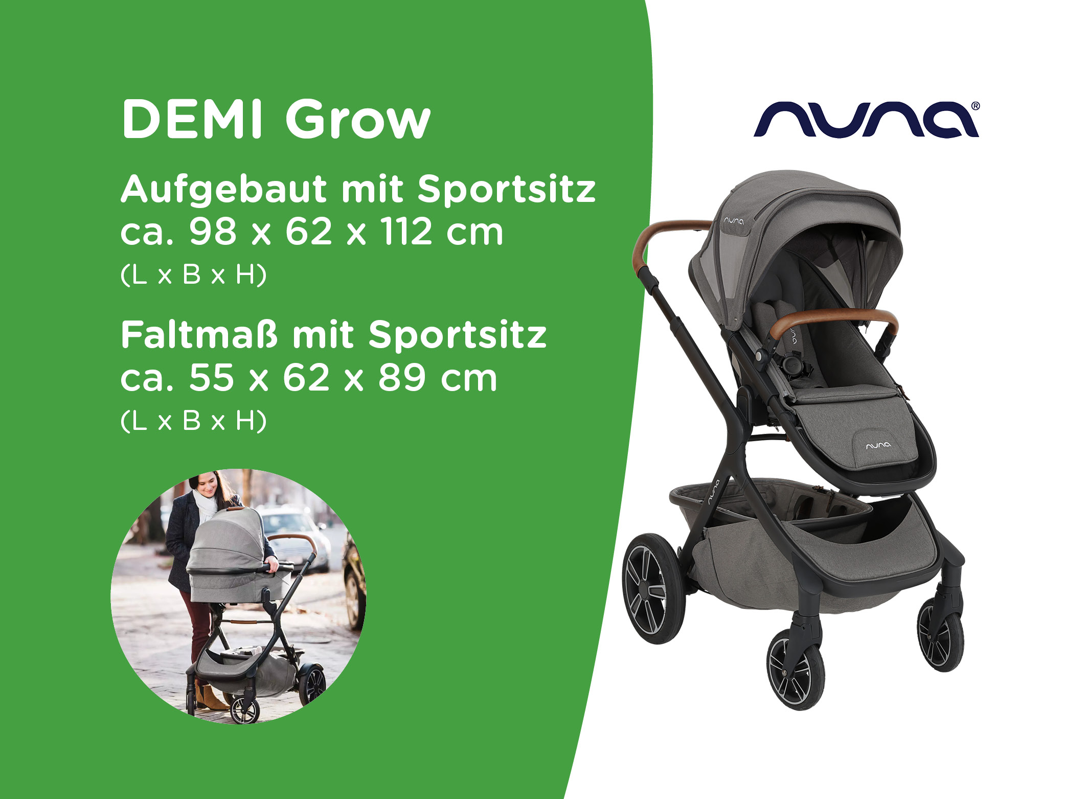 Kinderwagen ein mit einem baby in ihm und einem grünen.