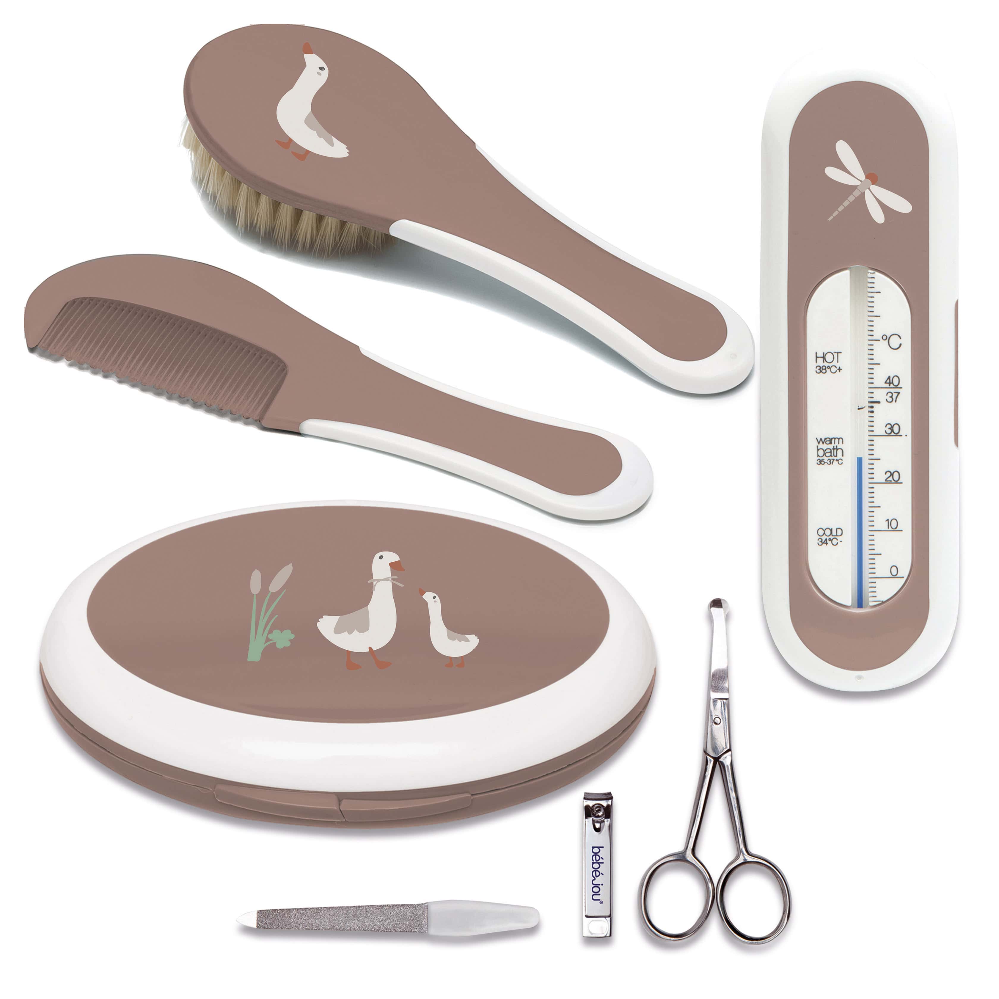 Babypflege-Sets, bébé-jou, Braun – Besonderheit: enthält Kamm, Bürste, Maniküre-Set und Badethermometer
