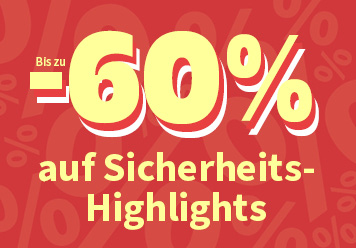 Bis zu -60% auf Sicherheits-Highlights. Roter Hintergrund mit gelber Schrift.