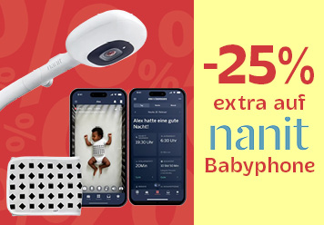 -25% extra auf nanit Babyphone. Babyphone abgebildet auf roten Hintergrund.