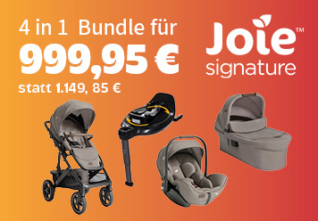 Joie Vinca 4in1 Bundle für 999,95€ statt 1.149,85€. Kinderwagen, Tragewanne, Babyschale und Base. Orangener Hintergrund.