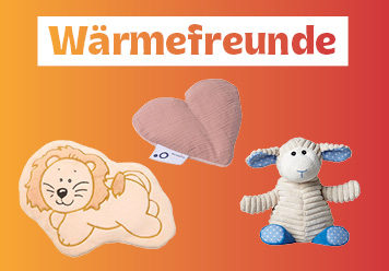 Wärmefreunde: Warmies abgebildet auf orangenem Hintergrund.