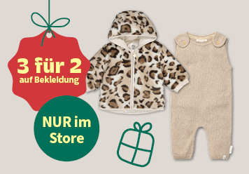 Nur im Store: 3 für 2 auf Bekleidung. Leo Jacke und beiger Strampler abgebildet.