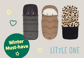 Winter Must-Have: Fußsäcke von Little One abgebildet. Grau, braun und Lammfell mit Punkten.