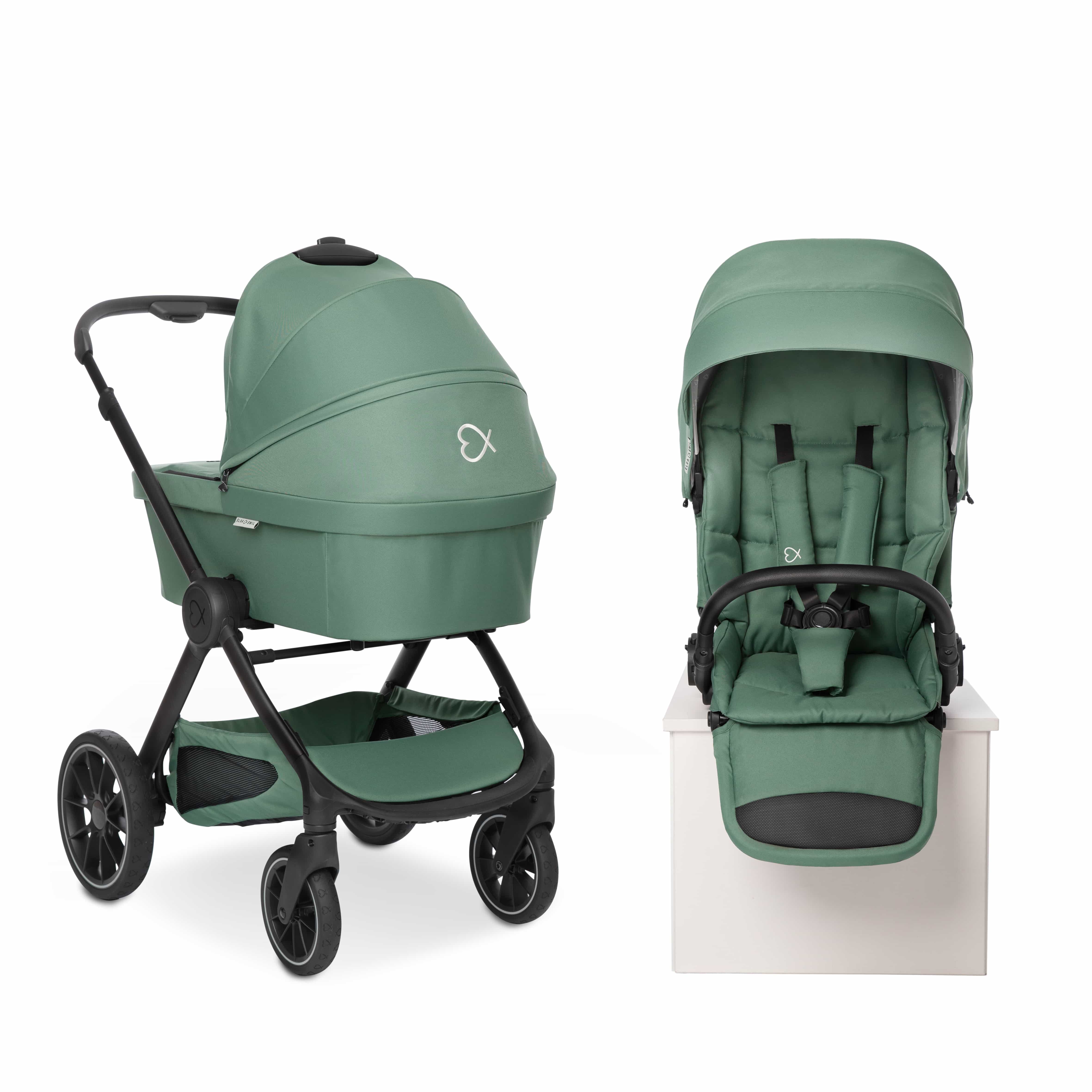 Grüner Kinderwagen in verschiedenen Blickwinkeln ausgerichtet.