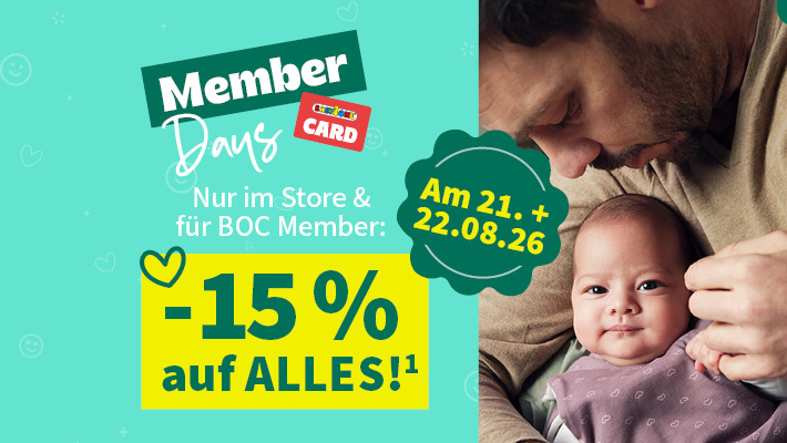 NUR IM STORE & FÜR BOC MEMBER: -15 % AUF ALLES 21. + 22.08.26. Papa mit Baby auf dem Arm.