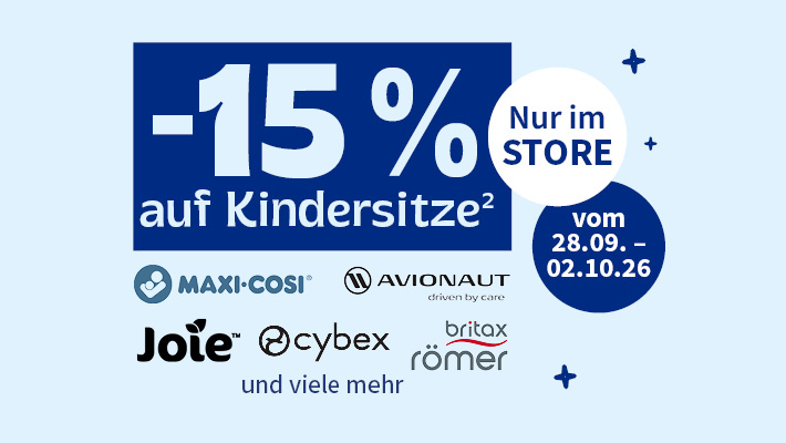 –15% auf fast alle Kindersitze. NUR im STORE vom 28.09.-02.10.26. Logos abgebildet.