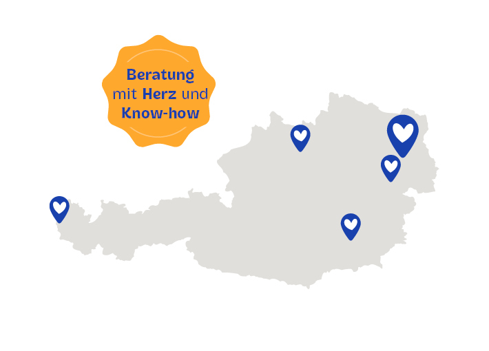 Landkarte von Österreich mit Markierungen der Babyone Fachmärkte und dem Slogan Beratung mit Herz und Know-how