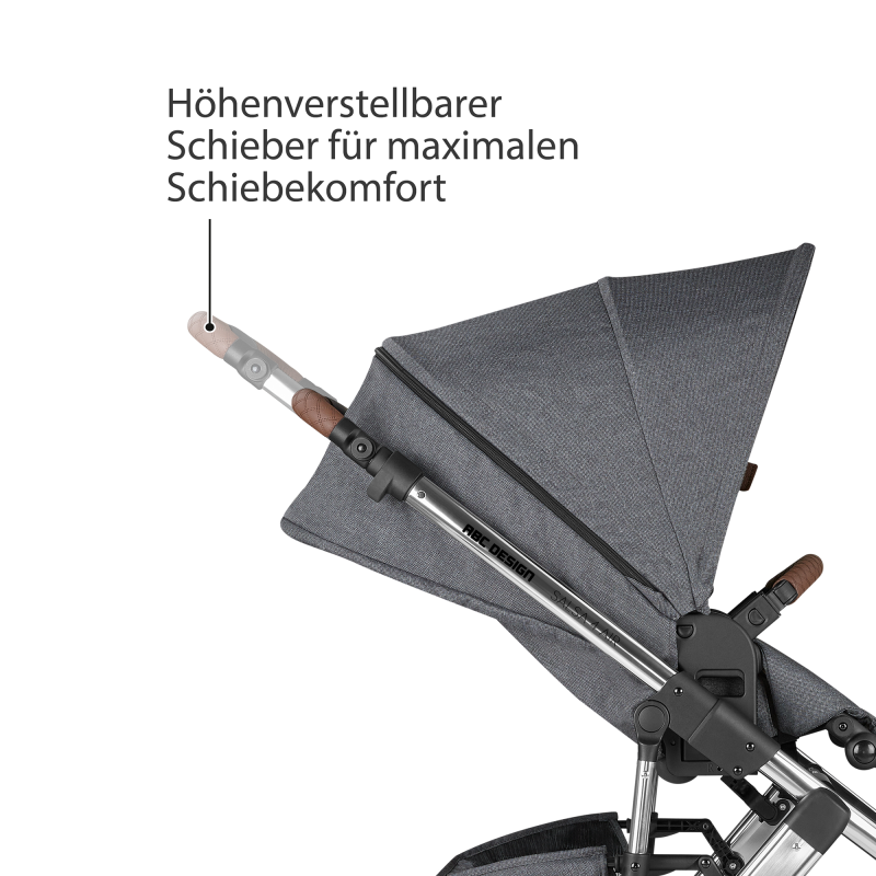 Kinderwagen der wird mit sitz und lenker gezeigt.